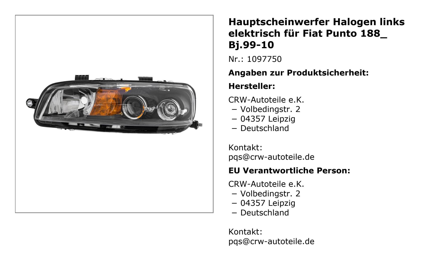 Halogen Scheinwerfer links für Fiat Punto 6.99-12.00 H7/H7 ohne Motor 1097750