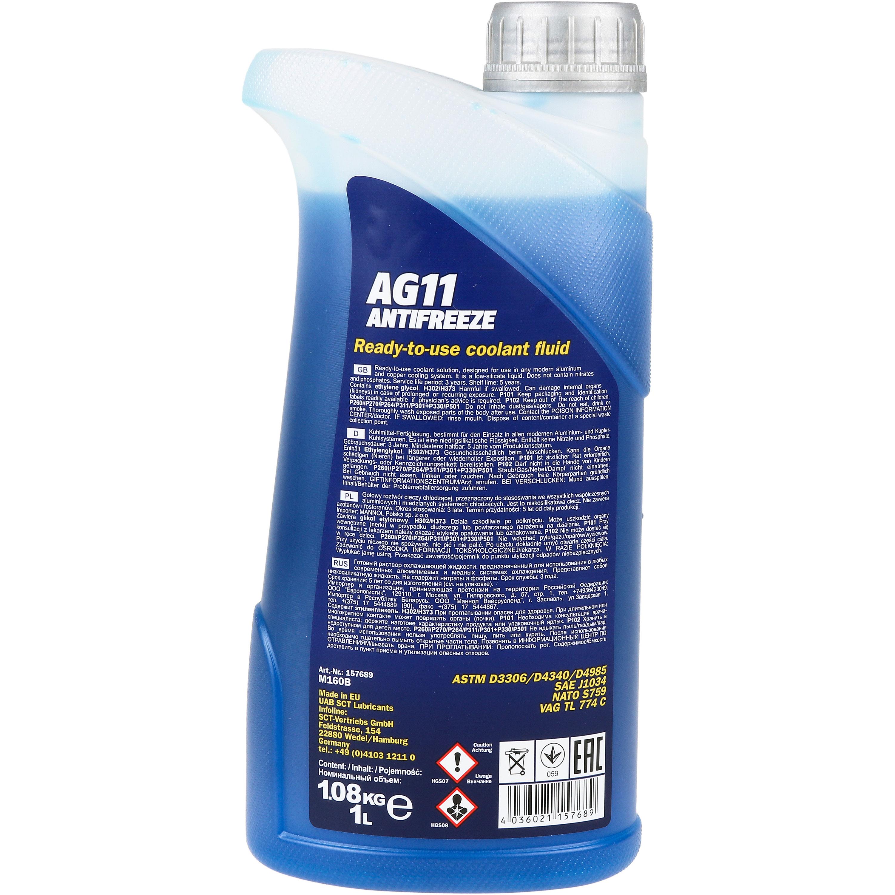 1 Liter MANNOL Kühlerfrostschutz Longterm Antifreeze AG11 -40°C blau Typ G11