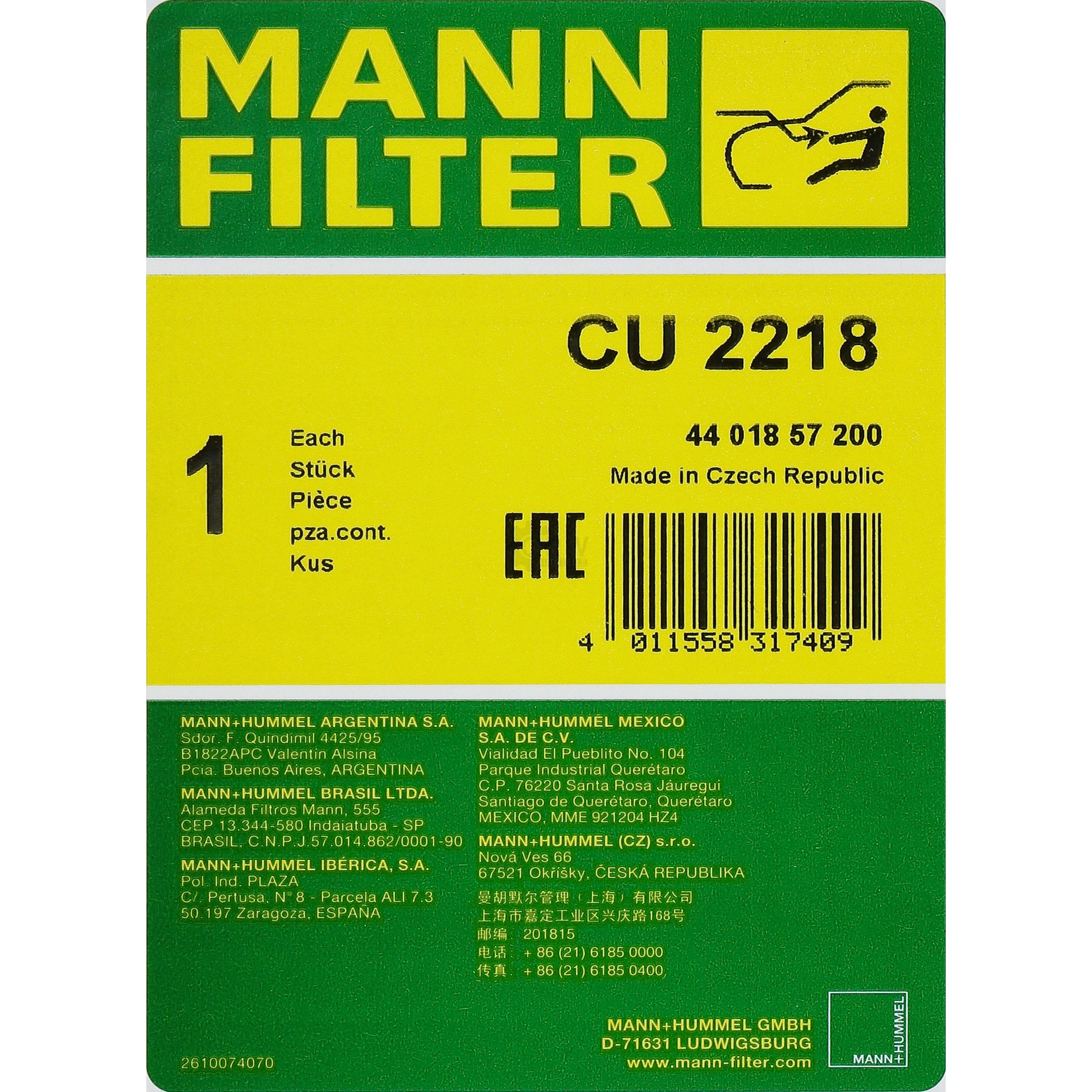 MANN-FILTER Innenraumluft Pollenfilter Innenraumfilter CU 2218