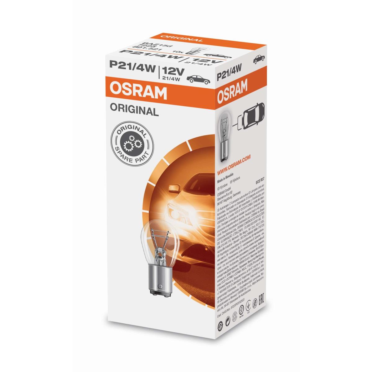 OSRAM Automotive P21/4W 12V 21/4W Sockel BAZ15d 10 Stück