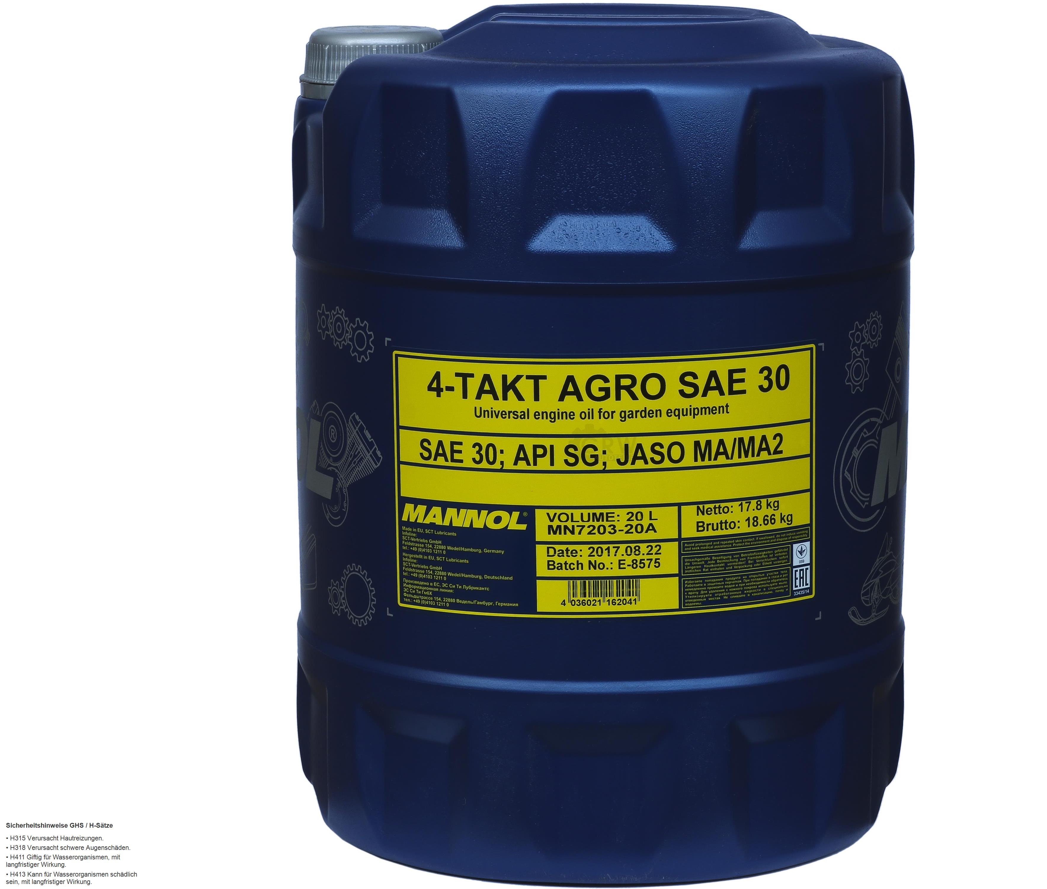 20 Liter  MANNOL Motoröl SAE 30 4-TAKT AGRO API SG