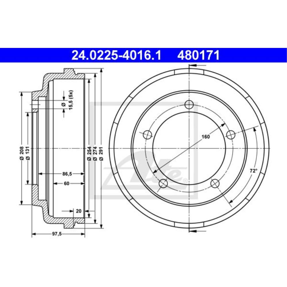 Bremstrommel 24.0225-4016.1 hinten für Ford Transit Tourneo FC_ _ Kasten FA_ FM_ FN_