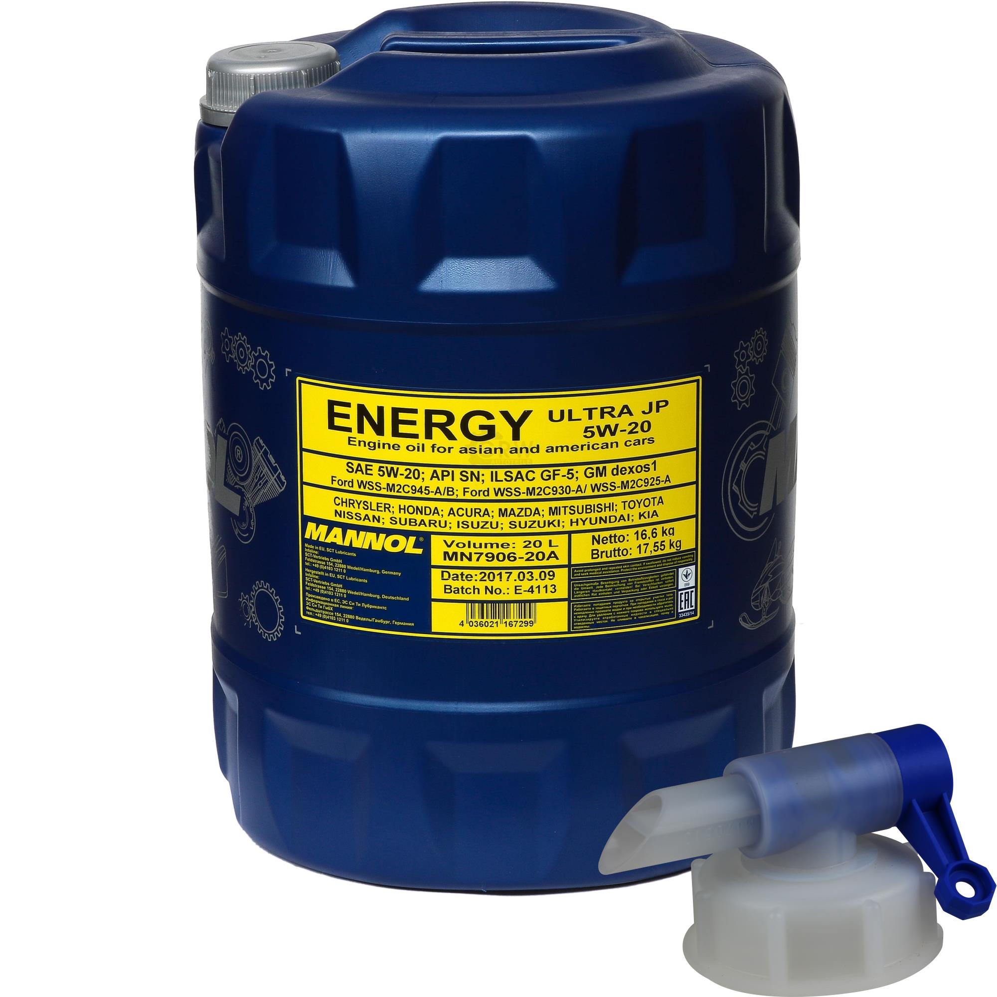 20 Liter MANNOL Motoröl Energy Ultra JP 5W-20 API SN Engine Oil Öl + Auslaufhahn