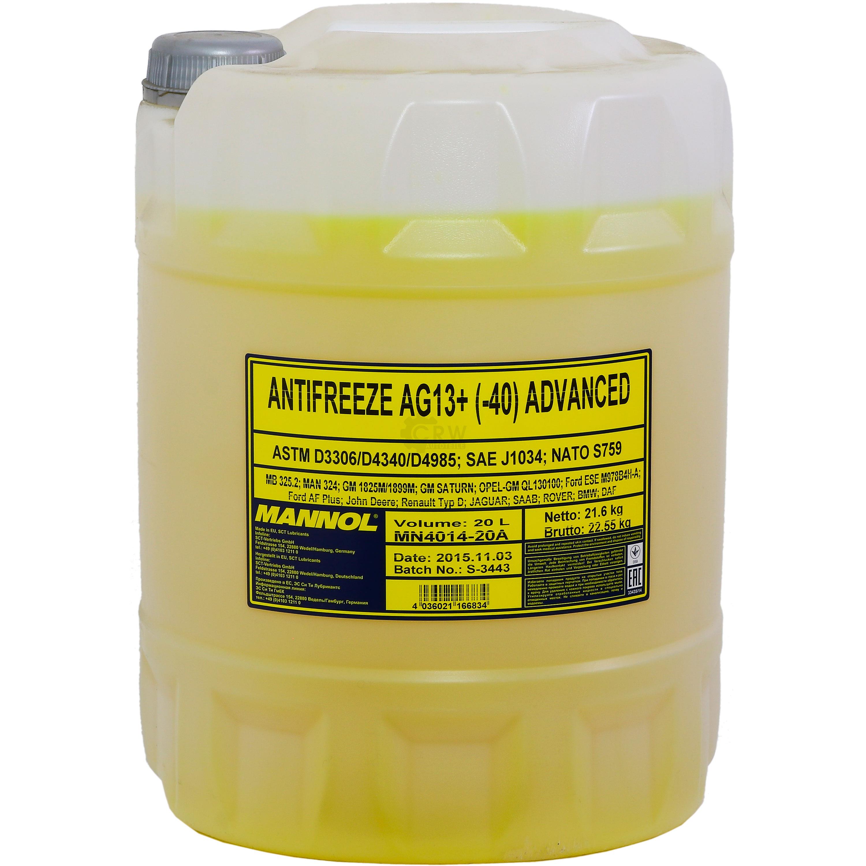20 Liter MANNOL Kühlerfrostschutz Fertiggemisch Antifreeze AG13+ -40°C Gelb G13+