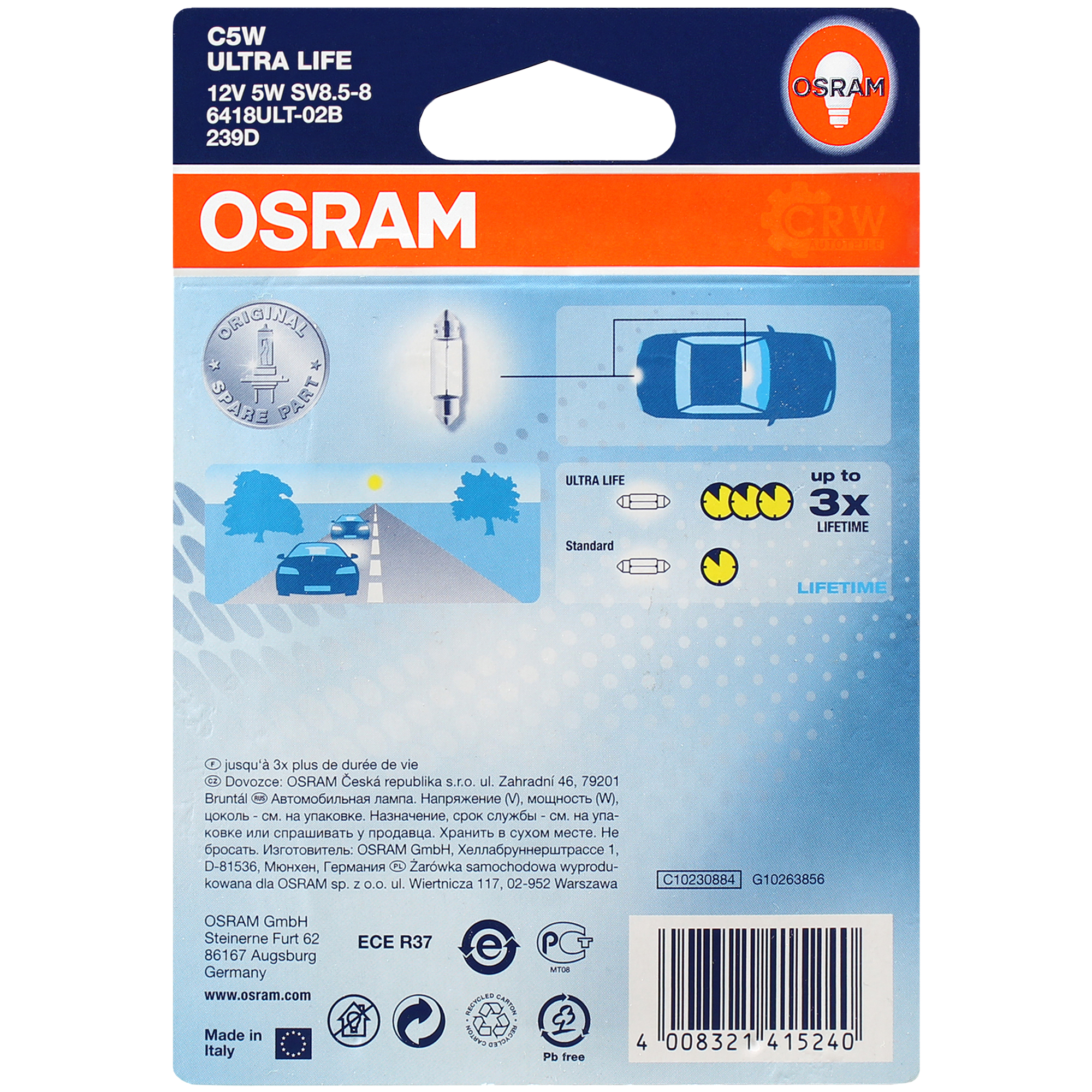 OSRAM C5W 12V 5W SV85-8 soffitte ULTRA LIFE 2 Stück Kit Set 6418ULT-02B