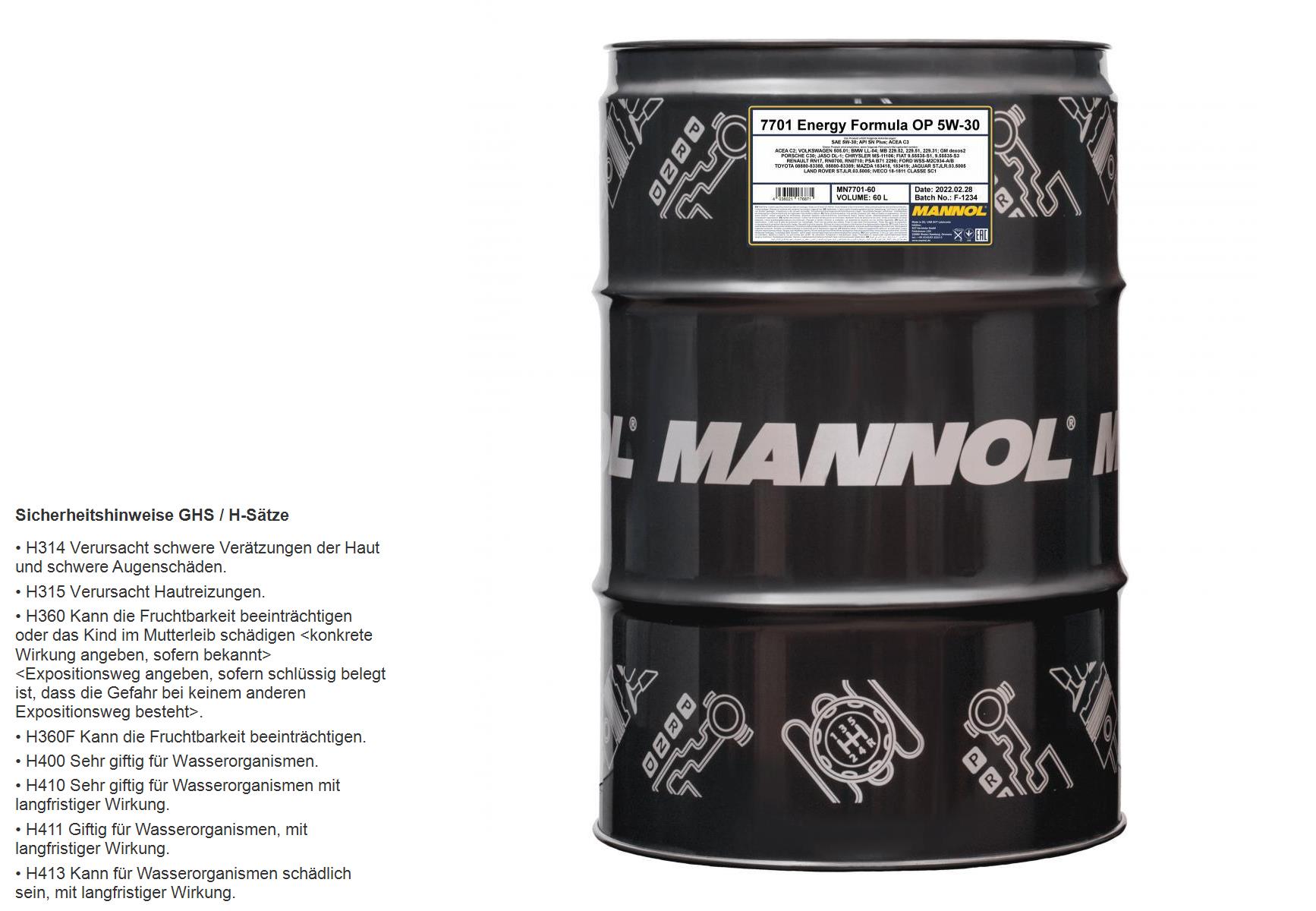 60 Liter MANNOL für Chevrolet Opel 5W-30 API SN ACEA C3 Engine Oil Motoröl