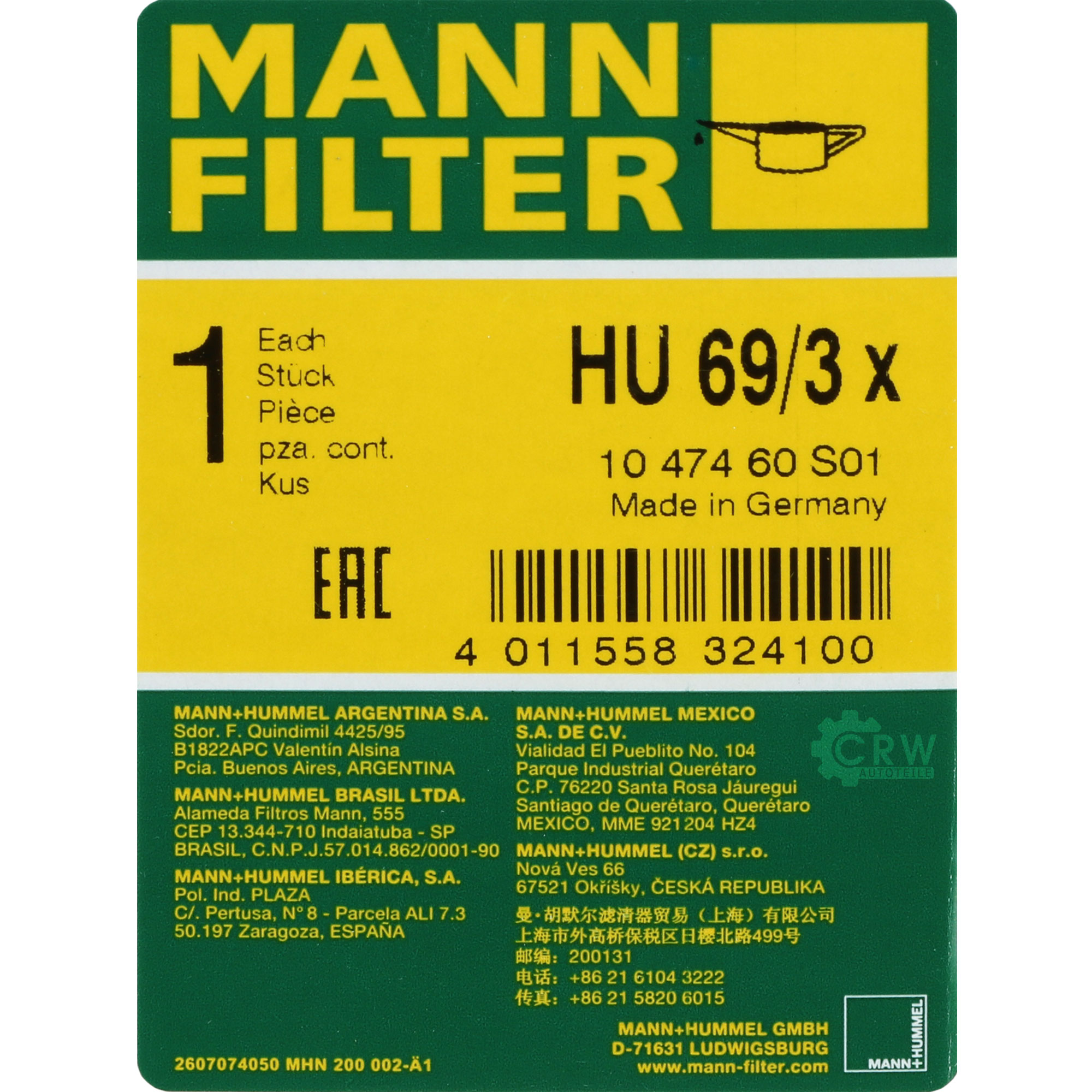 MANN-FILTER Ölfilter HU 69/3 x Oil Filter