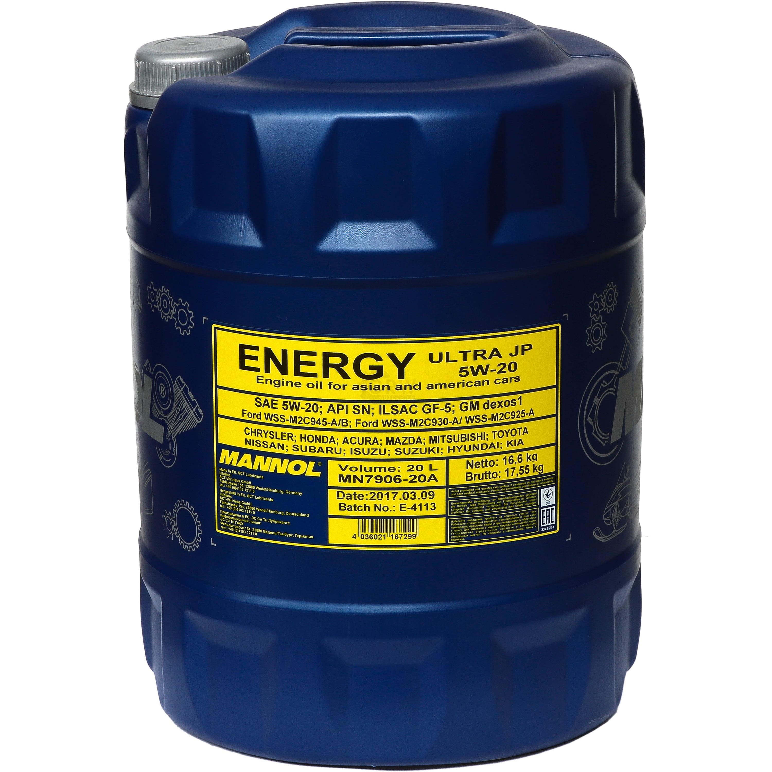 20 Liter Orignal MANNOL Motoröl Energy Ultra JP 5W-20 API SN Engine Oil Öl