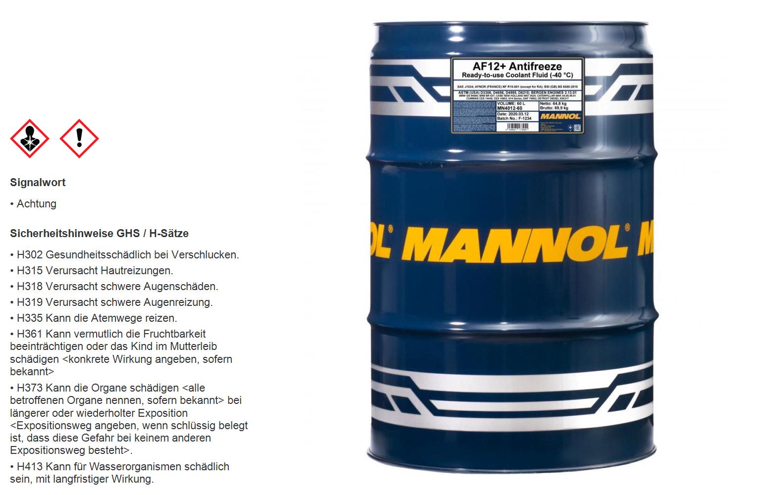 60 Liter MANNOL Kühlerfrostschutz Antifreeze AF 12+ Frostschutz -40°C rot rosa G12+