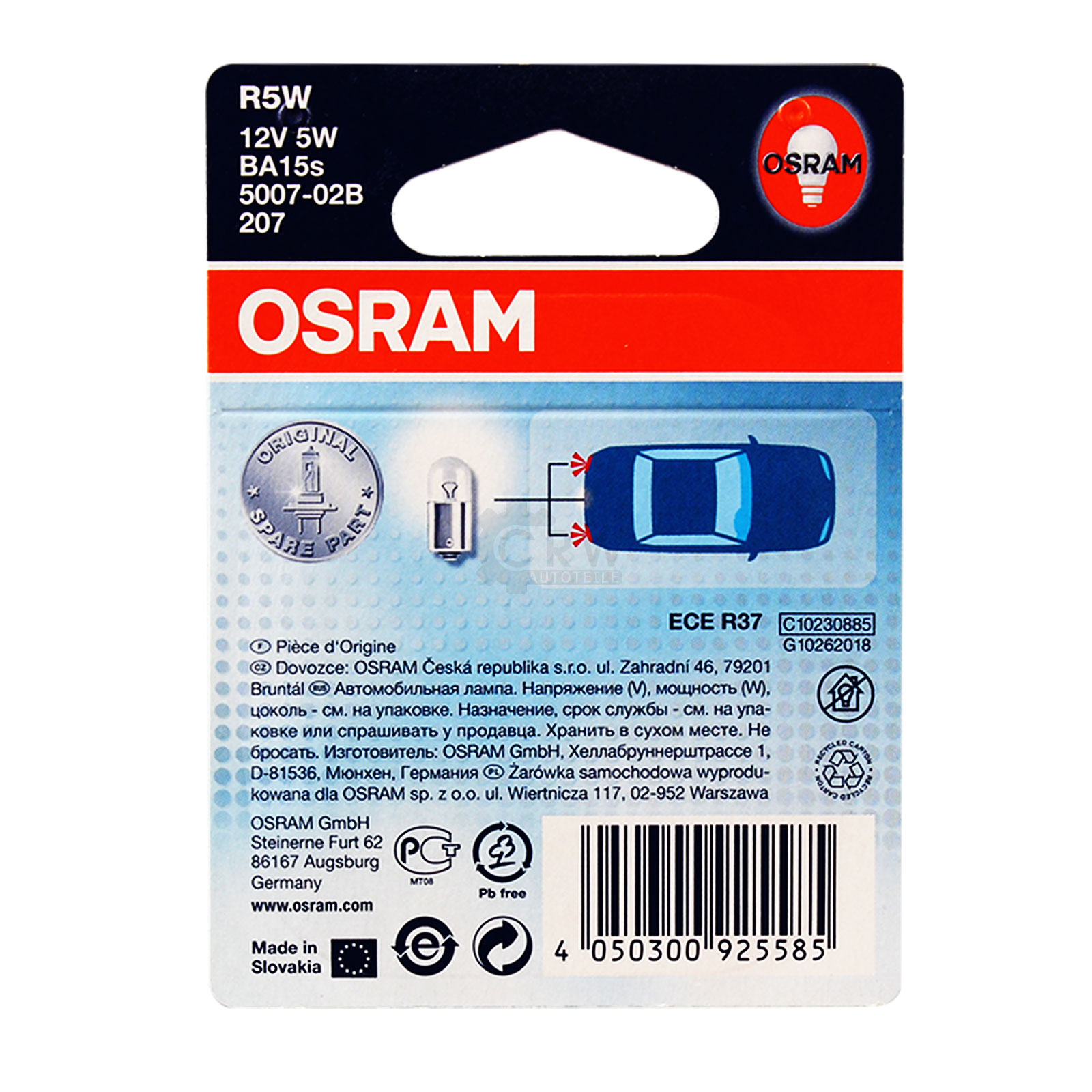 OSRAM R5W 12V/5W Sockel BA15s Lebensdauer B3/Tc 350h/800h