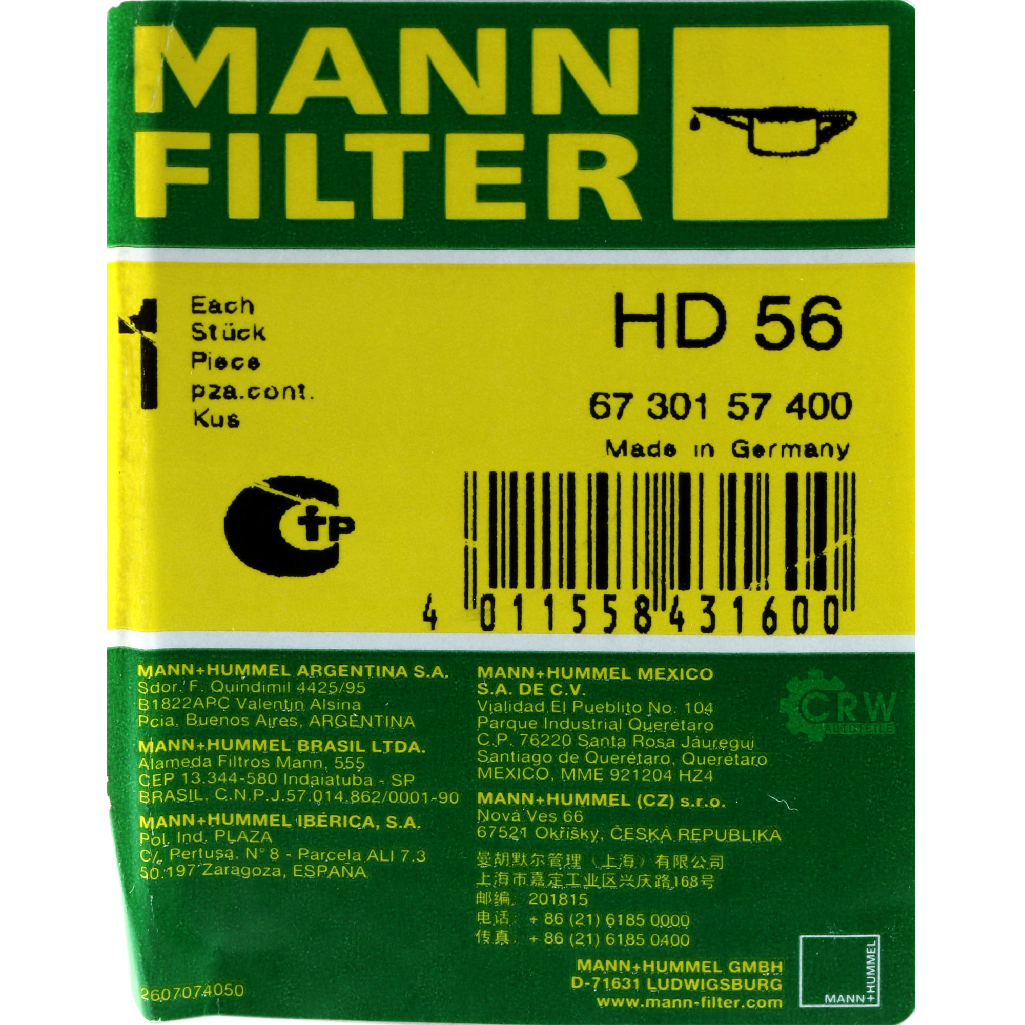 MANN-FILTER Filter für Arbeitshydraulik HD 56 Ölfilter Oil