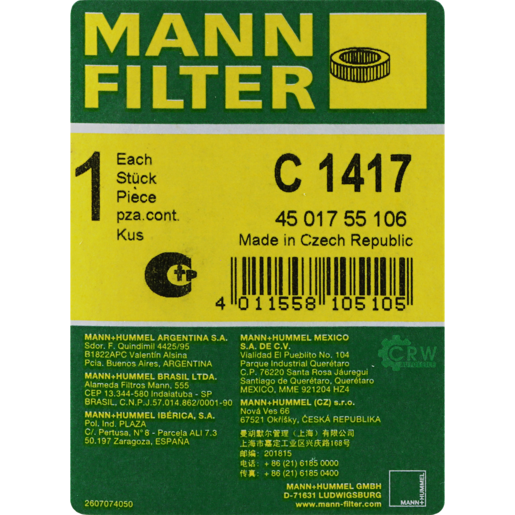 MANN-FILTER Luftfilter passend für Austin Mini 1000-Series MK II Morris