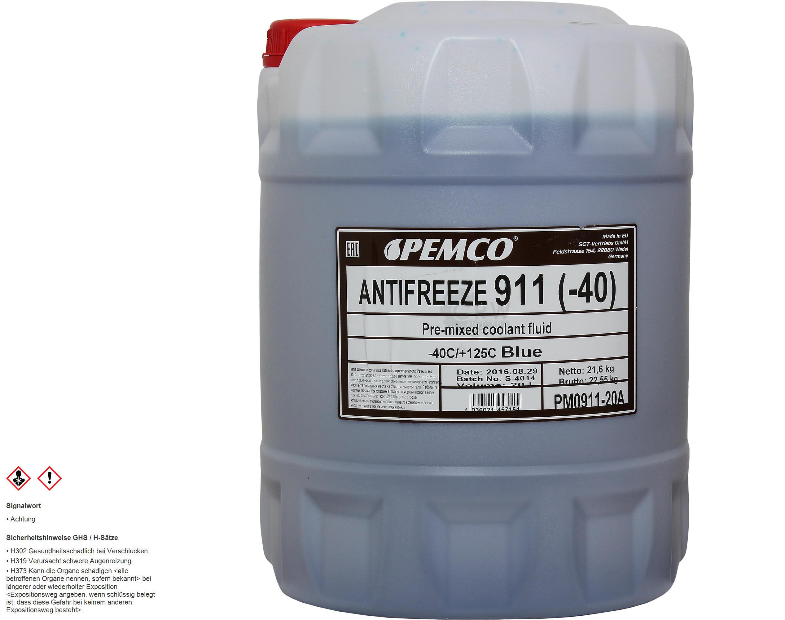 20 Liter PEMCO Antifreeze 911 Kühlerfrostschutz blau Fertiggemisch Typ G11
