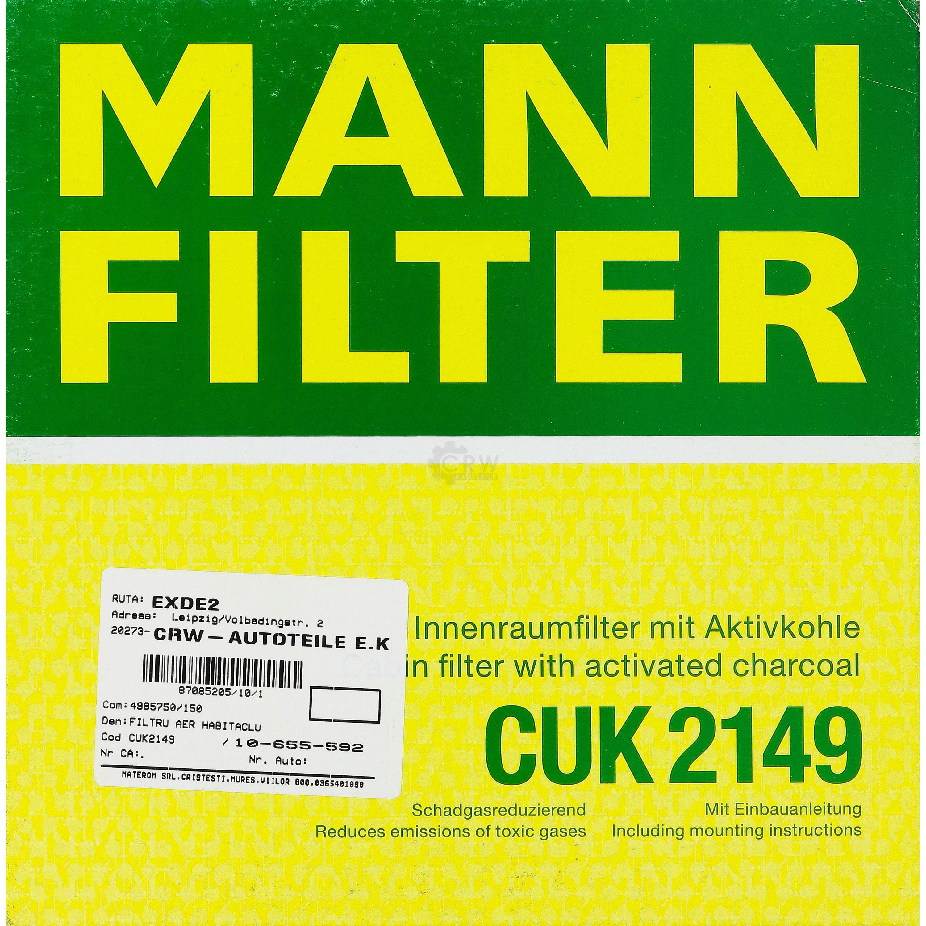 MANN-FILTER Innenraumfilter Pollenfilter Aktivkohle CUK 2149
