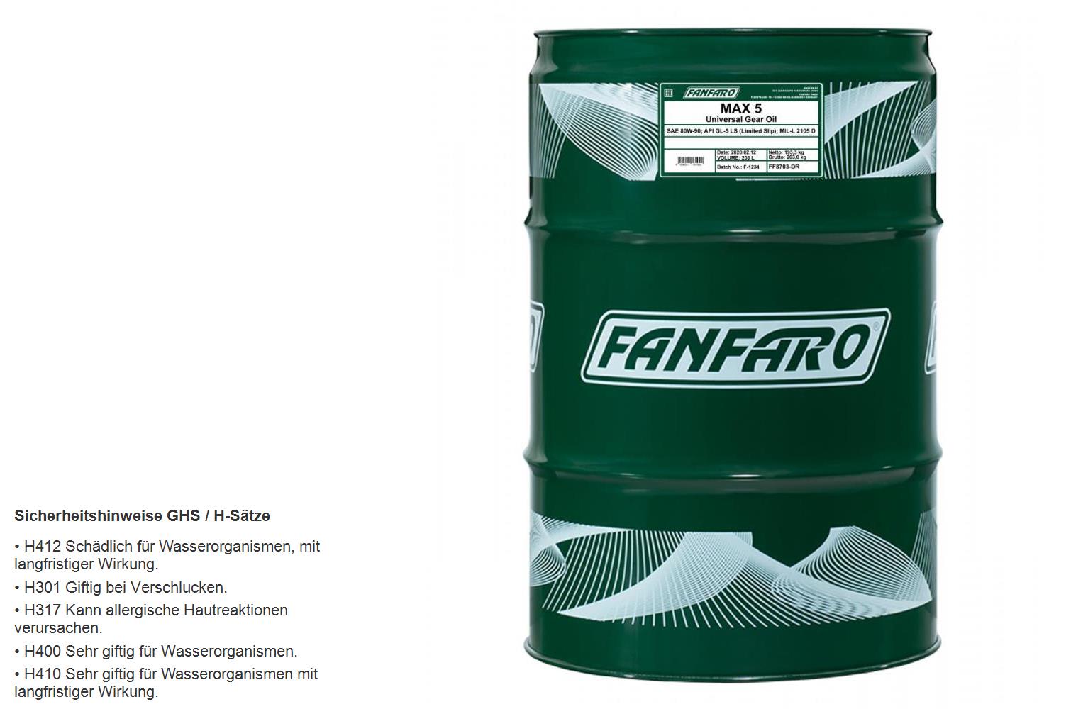 208 Liter FANFARO MAX 5 80W-90 GL-5 LS Öl für Handschaltgetriebe API GL-4/GL-5