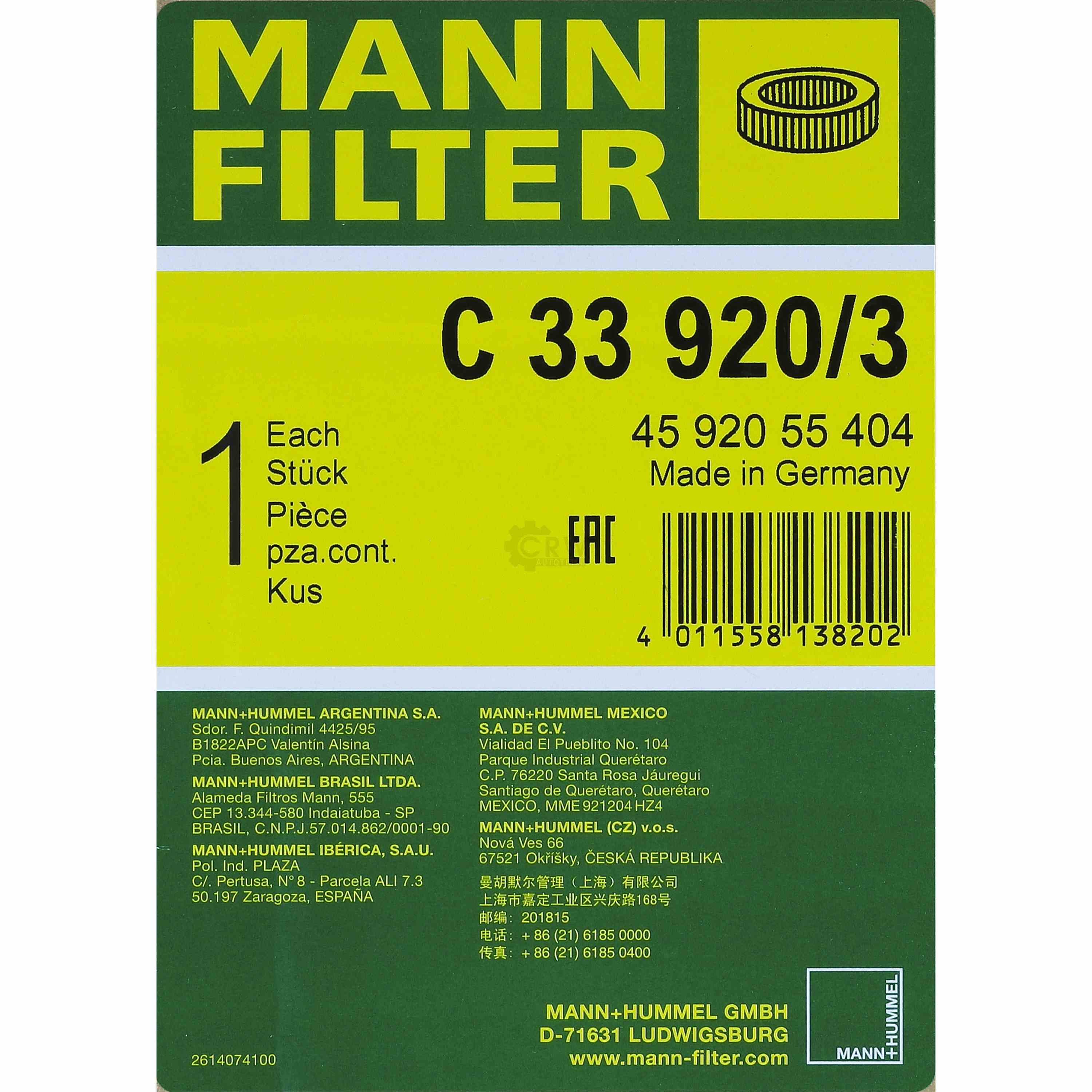 MANN FILTER Luftfilter C 33 920/3 für Renault Super 5  1.2 18 134_ 2.1 Diesel