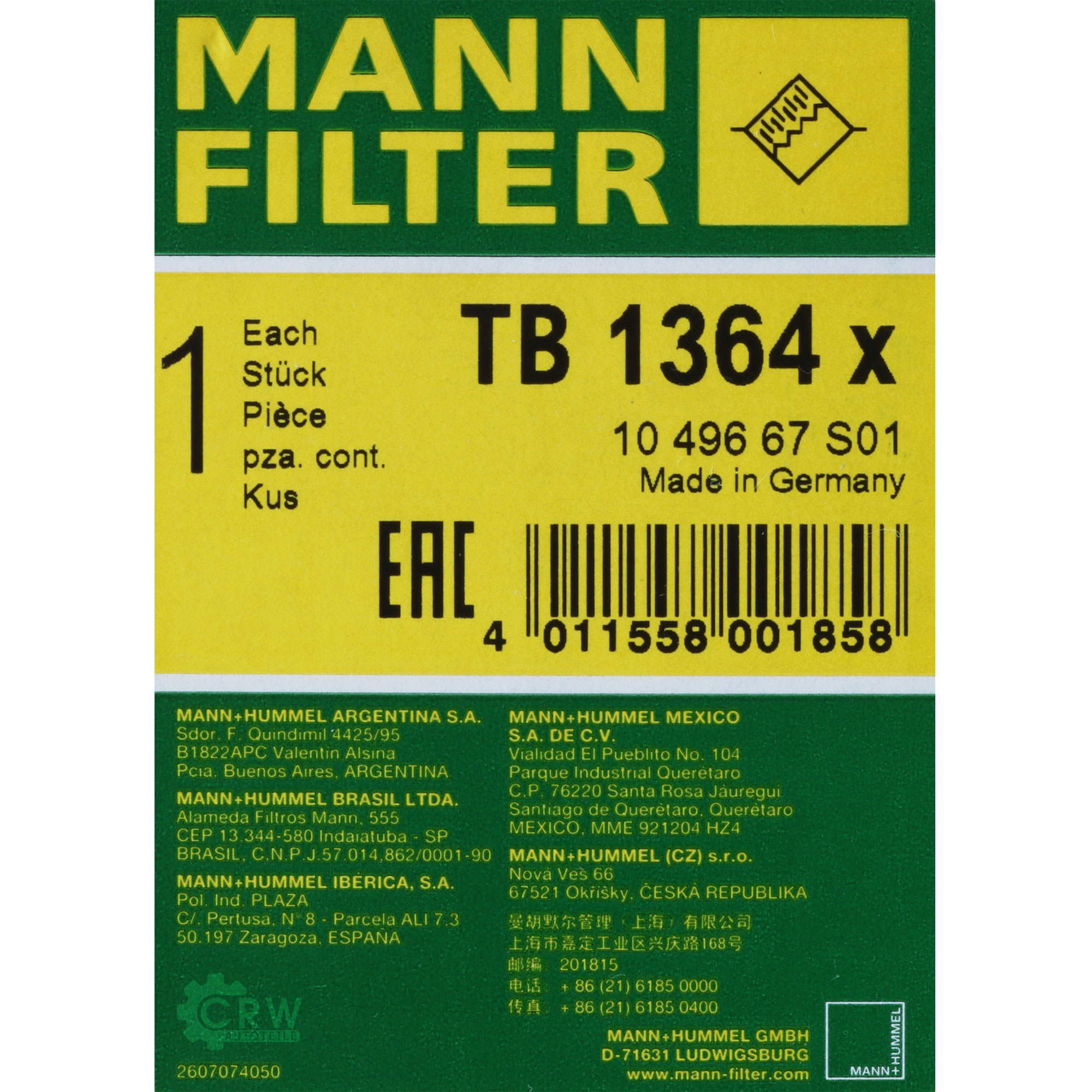 MANN-FILTER Lufttrocknerpatrone für Druckluftanlage TB 1364 x