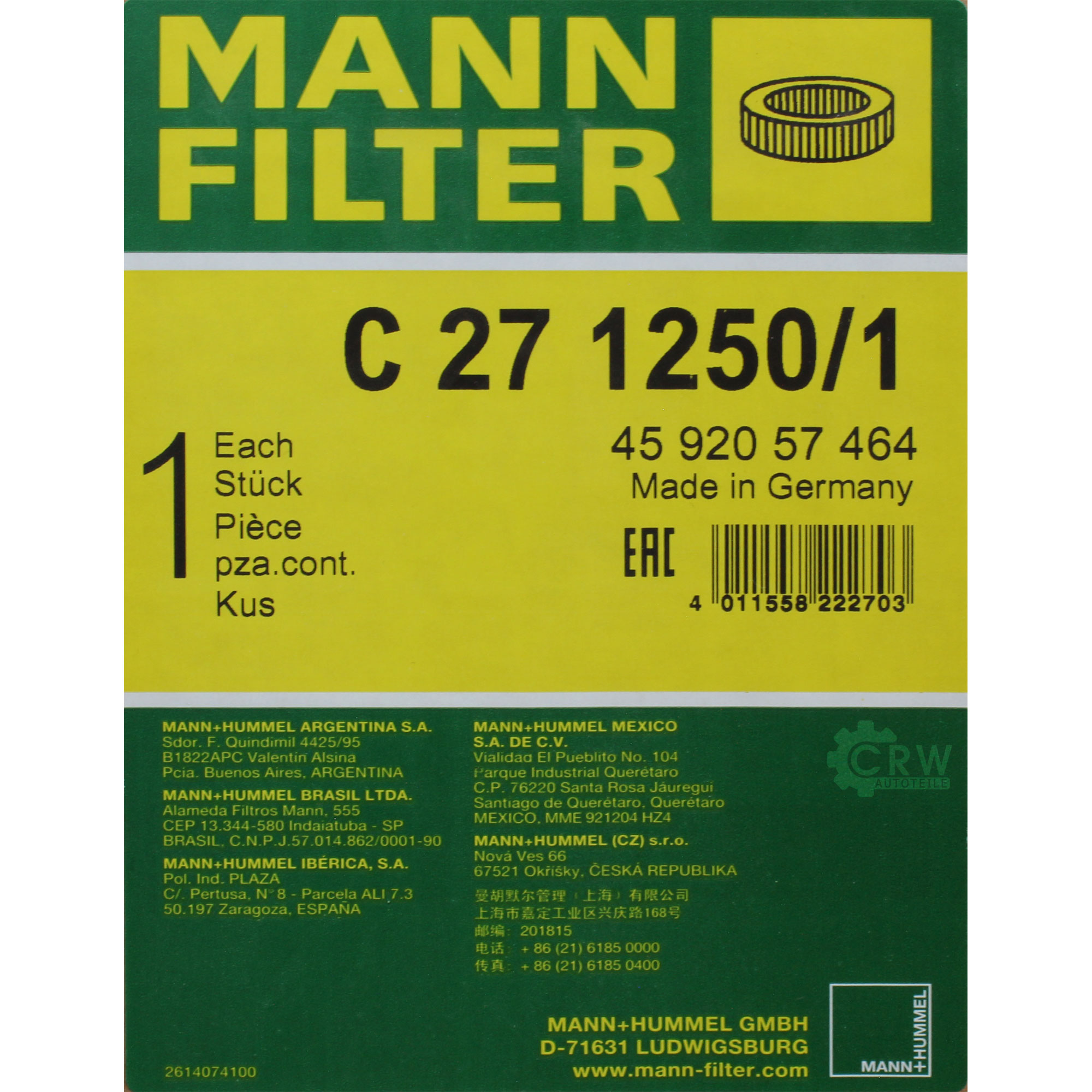 MANN-FILTER Luftfilter C 27 1250/1