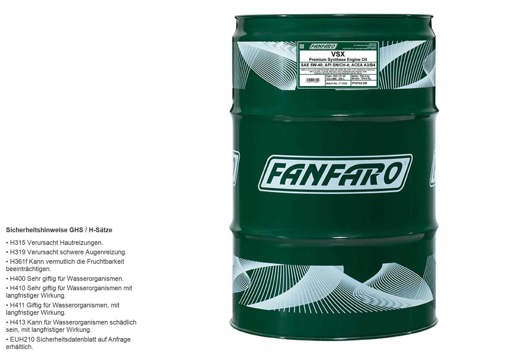208 Liter FANFARO VSX 5W-40 API SN/CH-4 Motoröl Engine Oil Öl