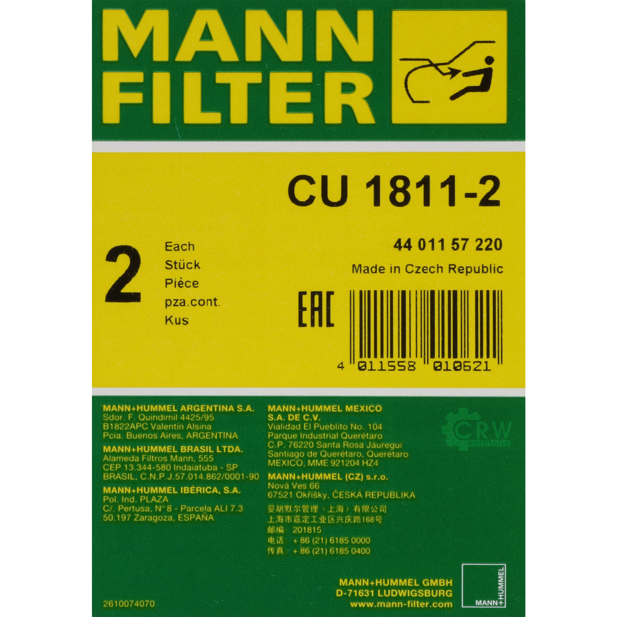 MANN-FILTER Innenraumfilter Pollenfilter CU 1811-2