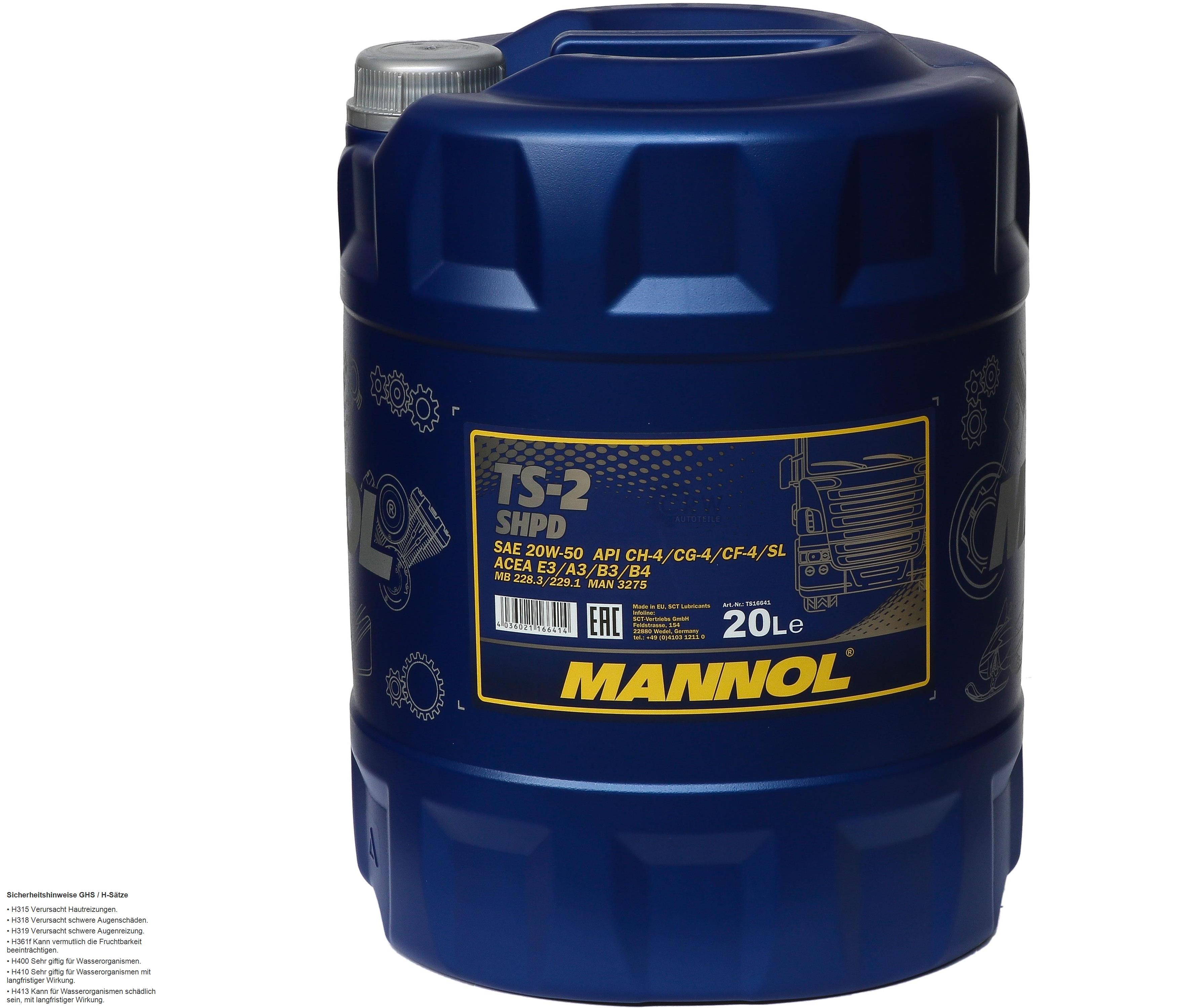 20 Liter Orignal MANNOL Motoröl TS-2 SHPD 20W-50 API CH-4/CG-4/CF-4/SL