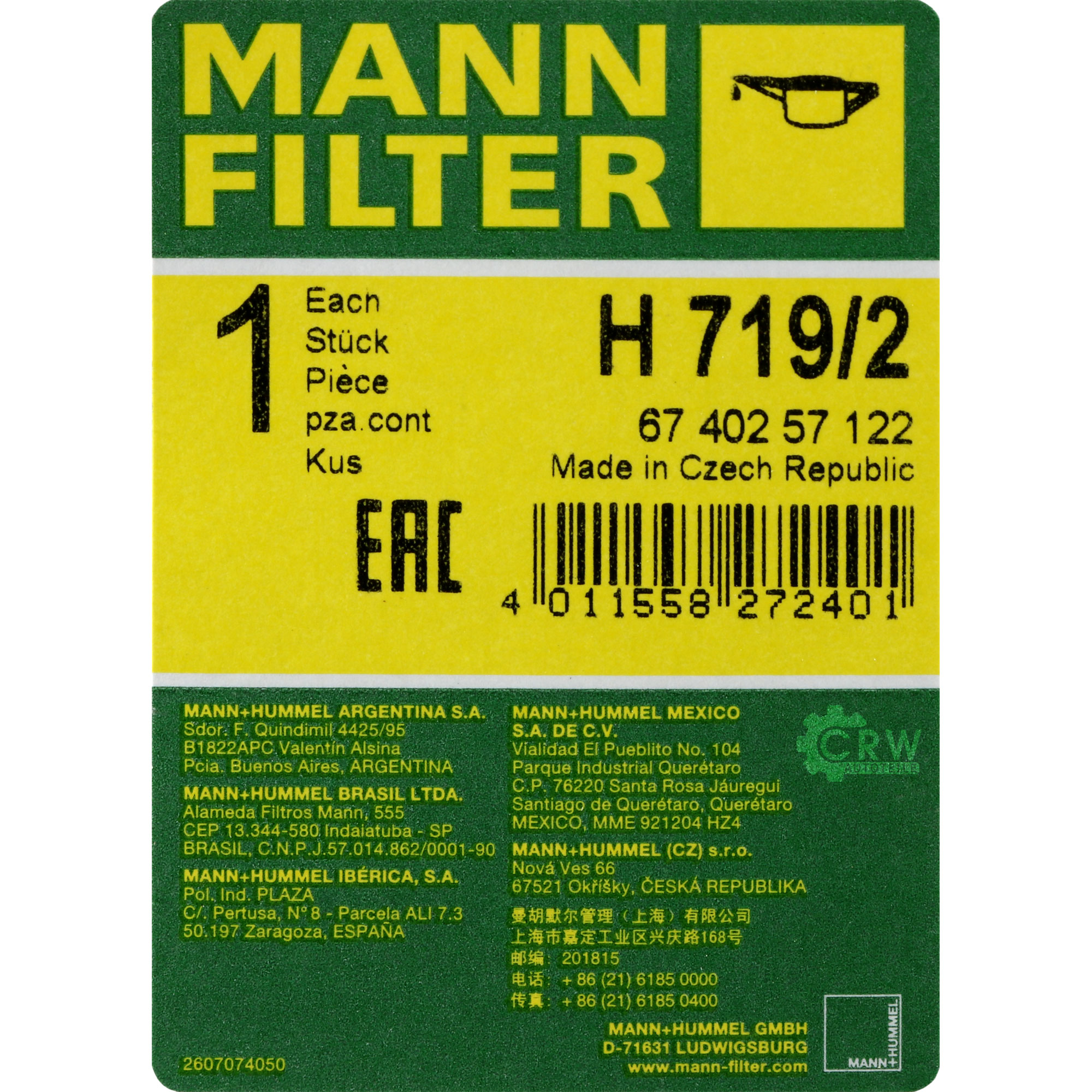 MANN-FILTER Ölfilter Oelfilter H 719/2 Oil Filter