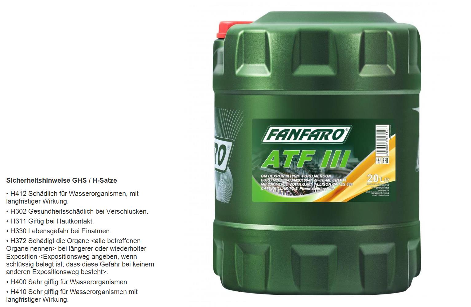 20 Liter FANFARO Automatikgetriebeöl ATF III Gear Oil Öl