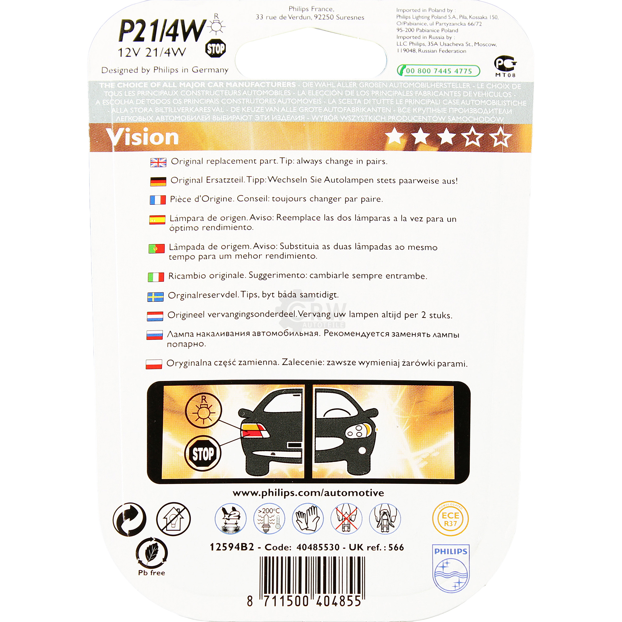 Philips Vision 2st. P21/4W 12V 21/4W BAZ15d Blister Lampe Birne