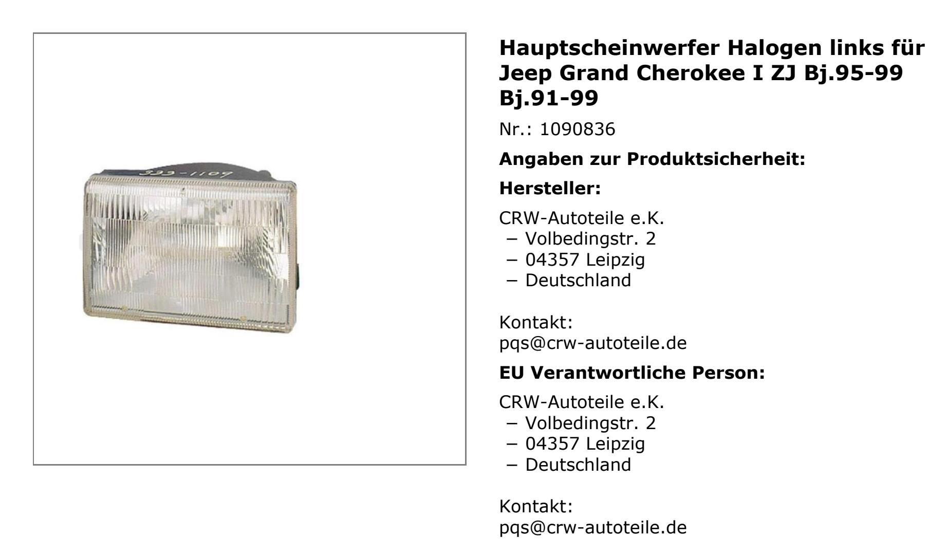Hauptscheinwerfer links H4 für Jeep Grand Cherokee I ZJ 5.2 4x4 4.0i ZG