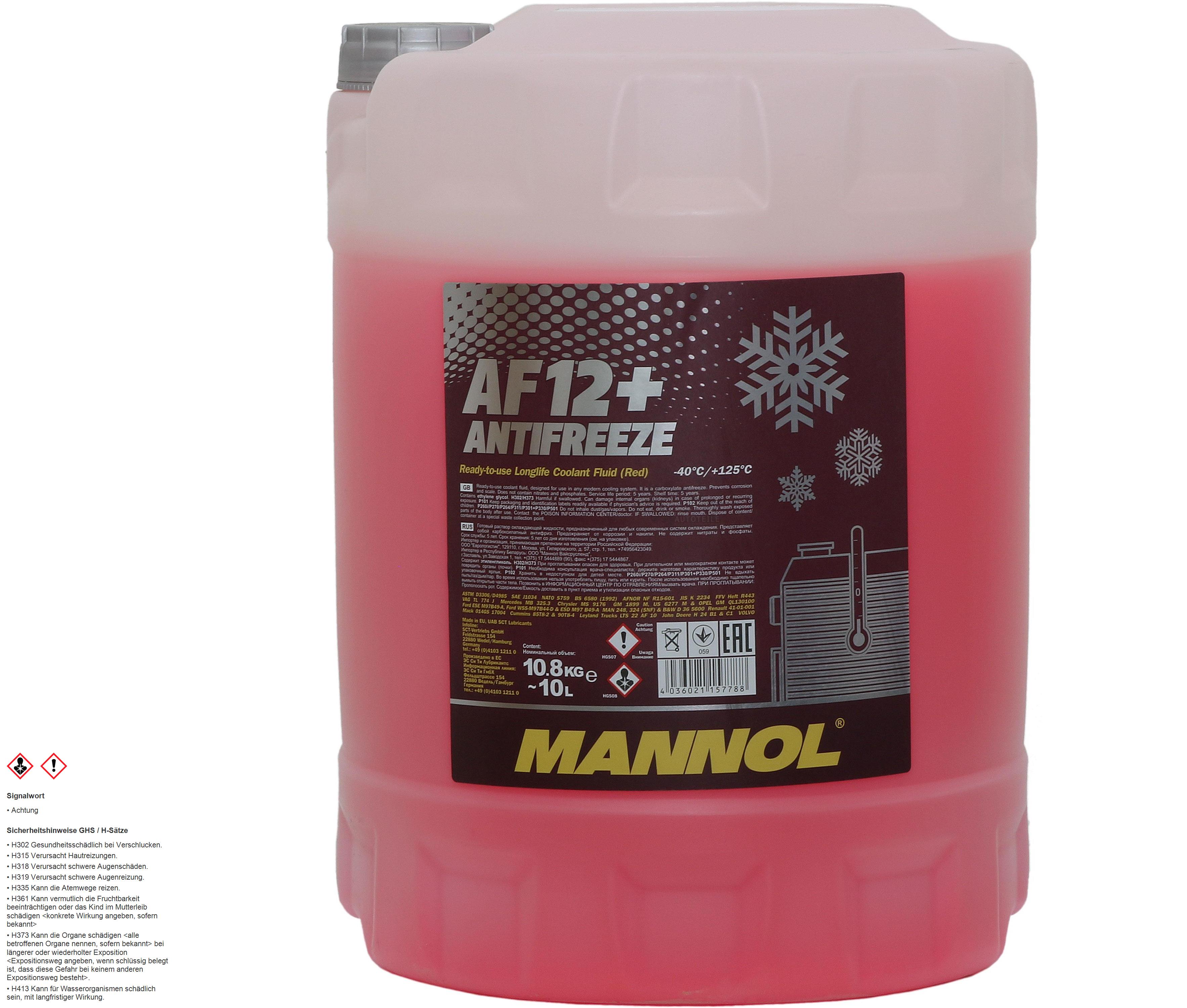 10 Liter MANNOL Kühlerfrostschutz Antifreeze AF 12+ Frostschutz -40°C rot rosa G12+
