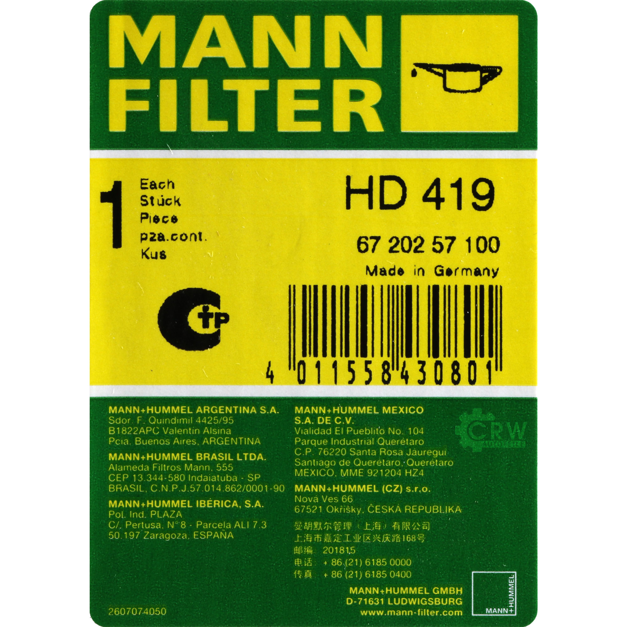 MANN-FILTER Filter für Arbeitshydraulik HD 419 Ölfilter Oil