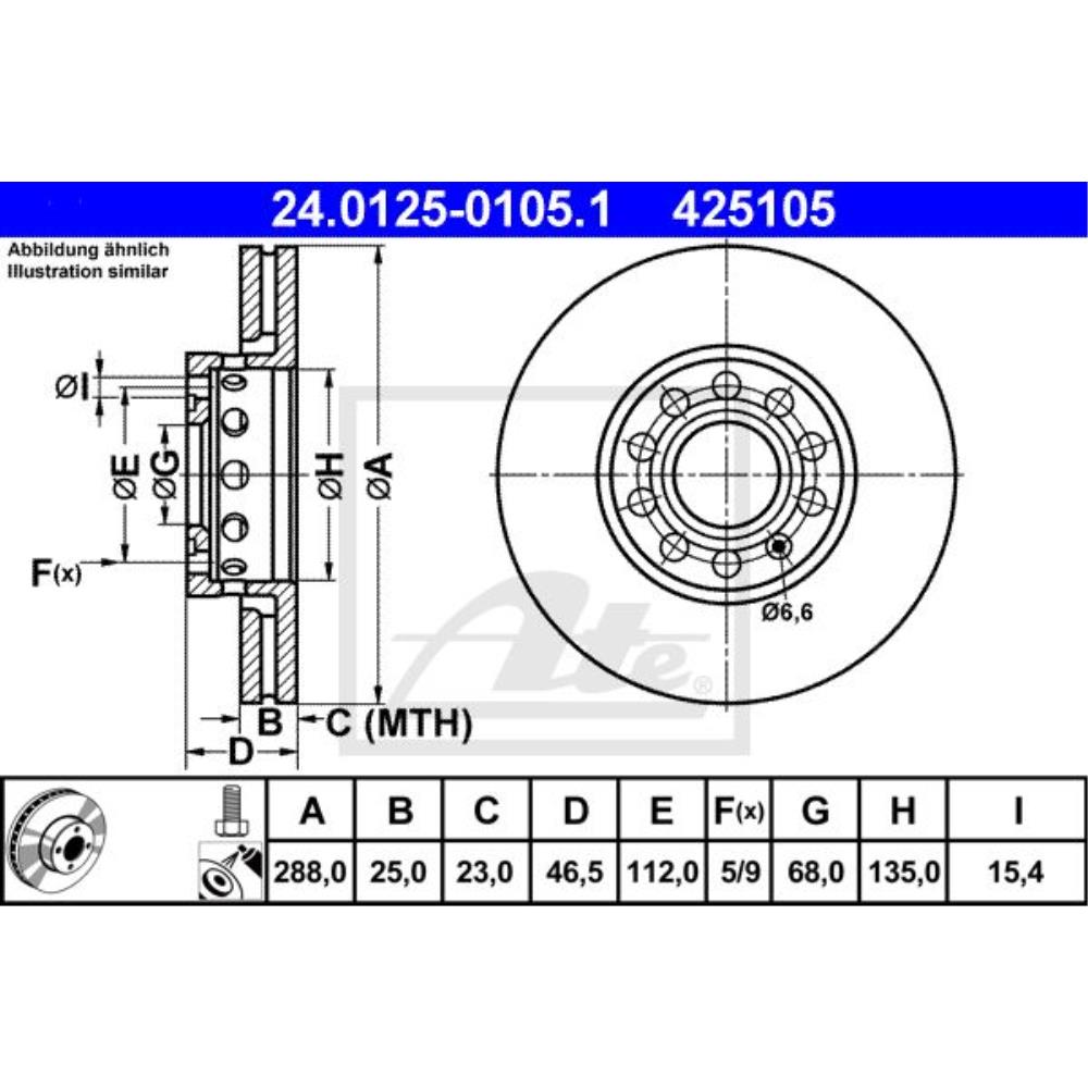 ATE Bremsscheibe vorne Ø288 mm belüftet für Audi A4 8EC B7 8E2 B6 8E5 8ED