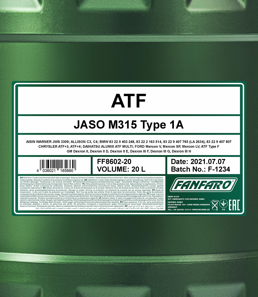 20 Liter  FANFARO Automatikgetriebeöl ATF Universal Full Synthetic