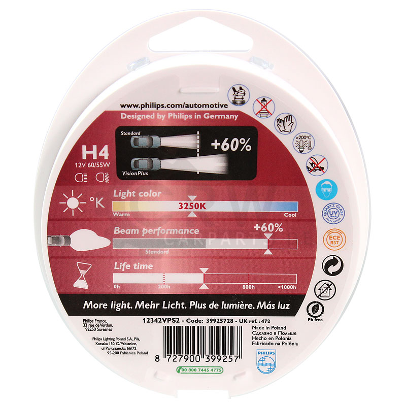 Philips Vision Plus +60% 2x H4 12V 60/55W P43t