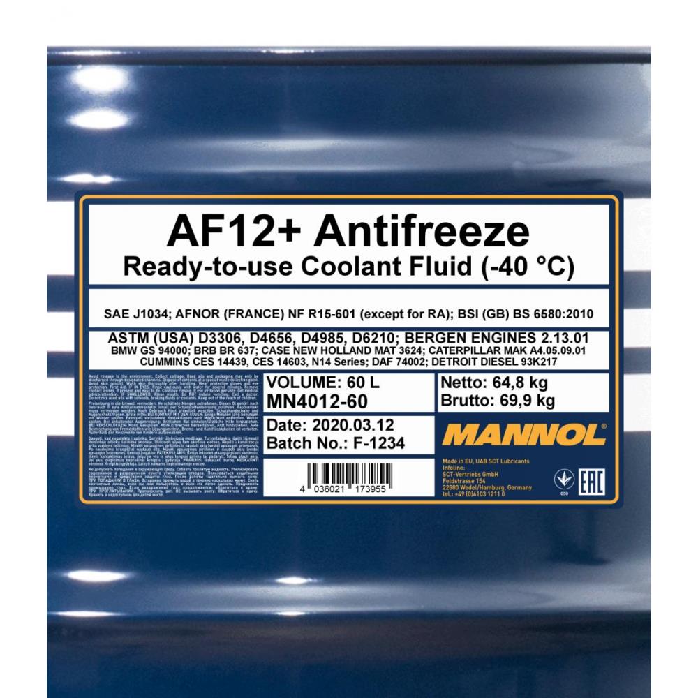 60 Liter MANNOL Kühlerfrostschutz Antifreeze AF 12+ Frostschutz -40°C rot rosa G12+