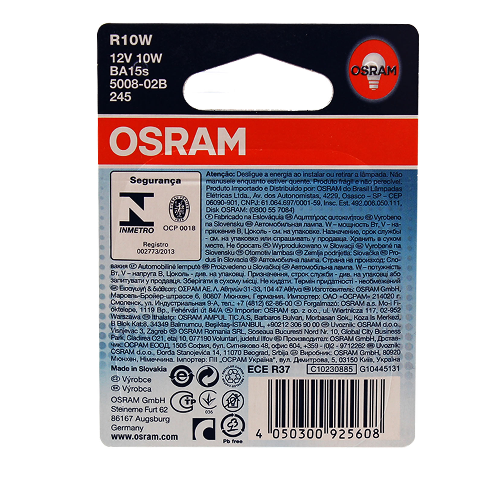 OSRAM R10W 12V/10W Sockel BA15s Lebensdauer B3/Tc 350h/800h