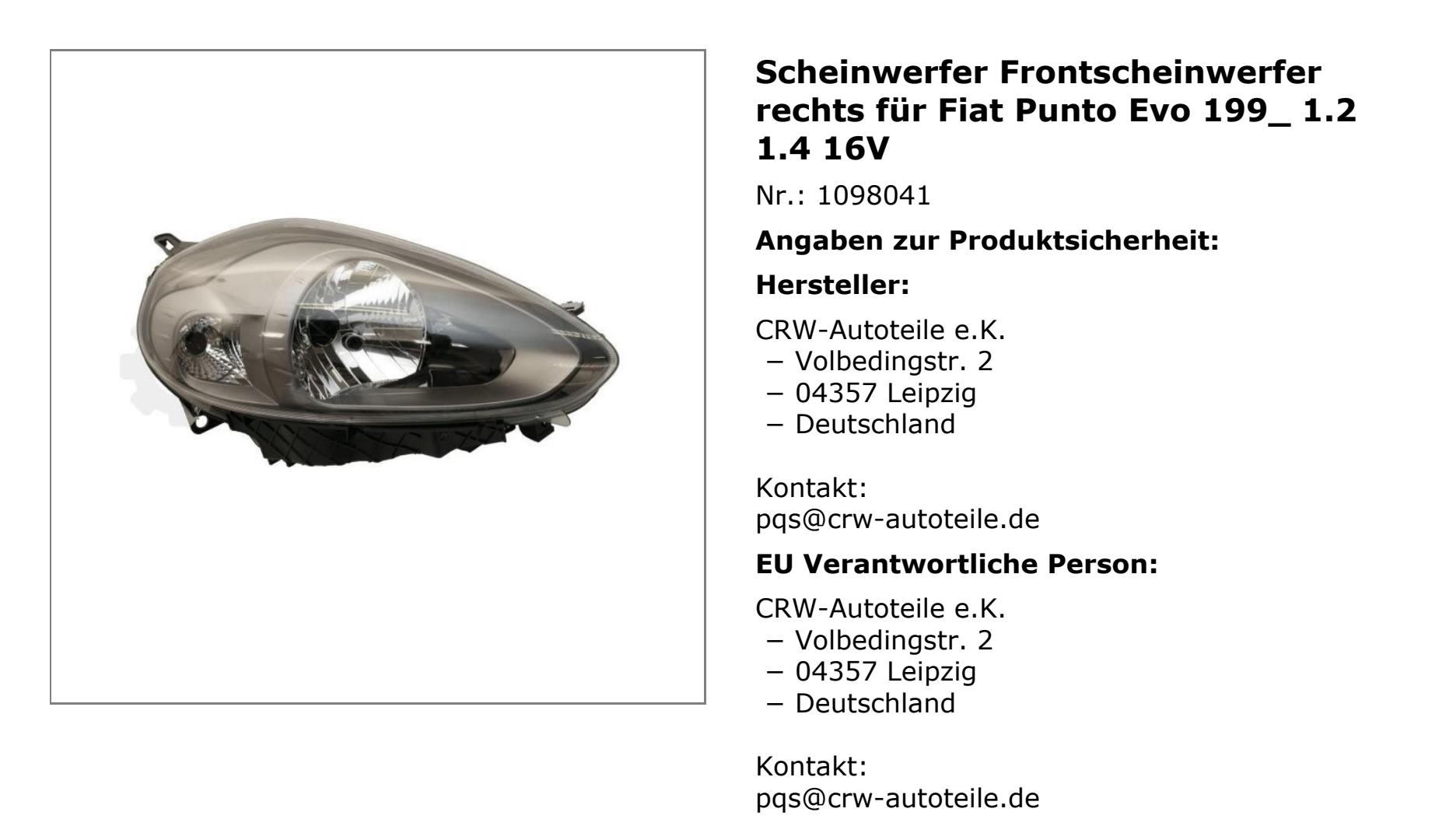 Hauptscheinwerfer rechts H4 dunkelgrau für Fiat Punto Evo 199_ 1.2 1.4 16V