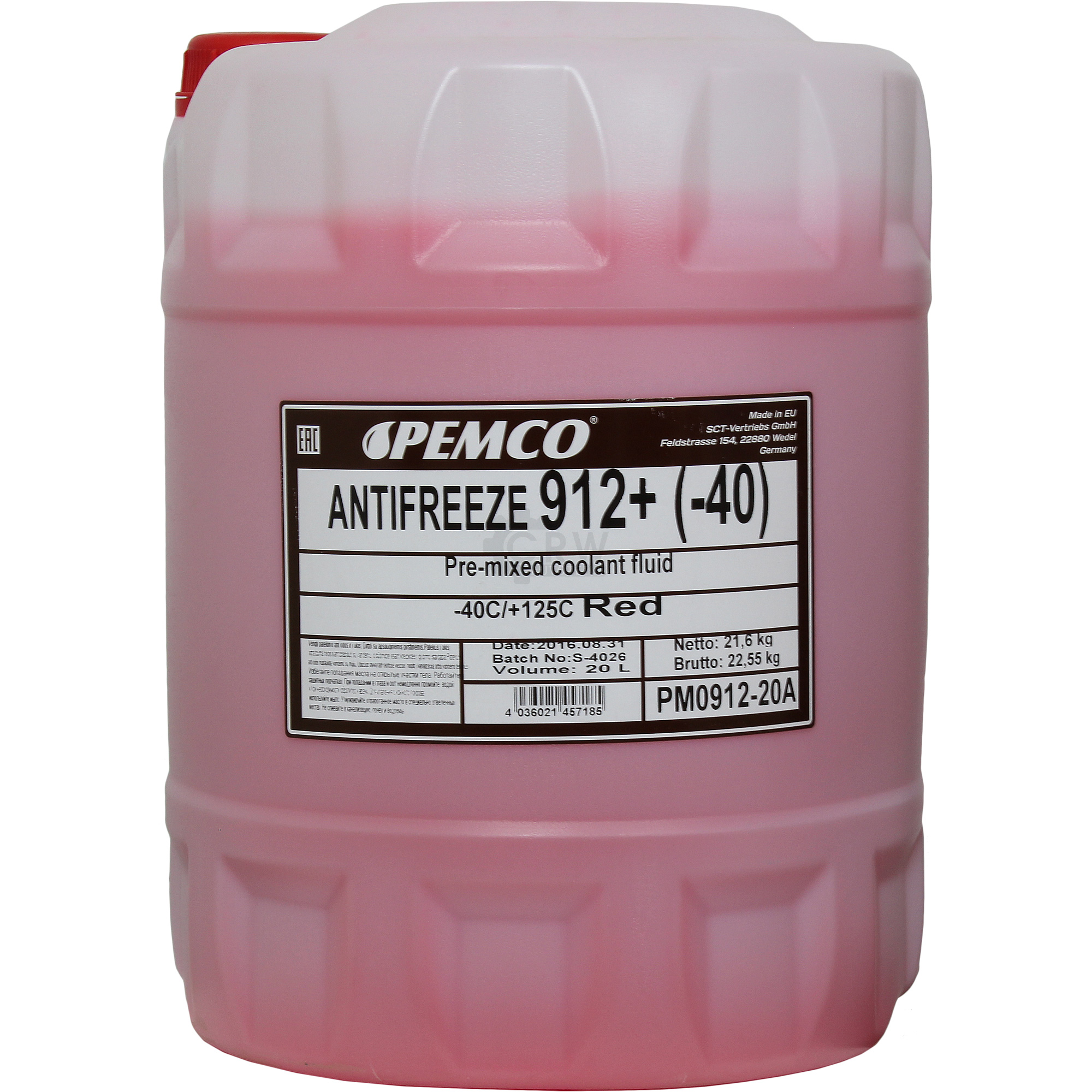 20 Liter  PEMCO Kühlerfrostschutz Antifreeze 912+ (-40) ROT ROSA G12+