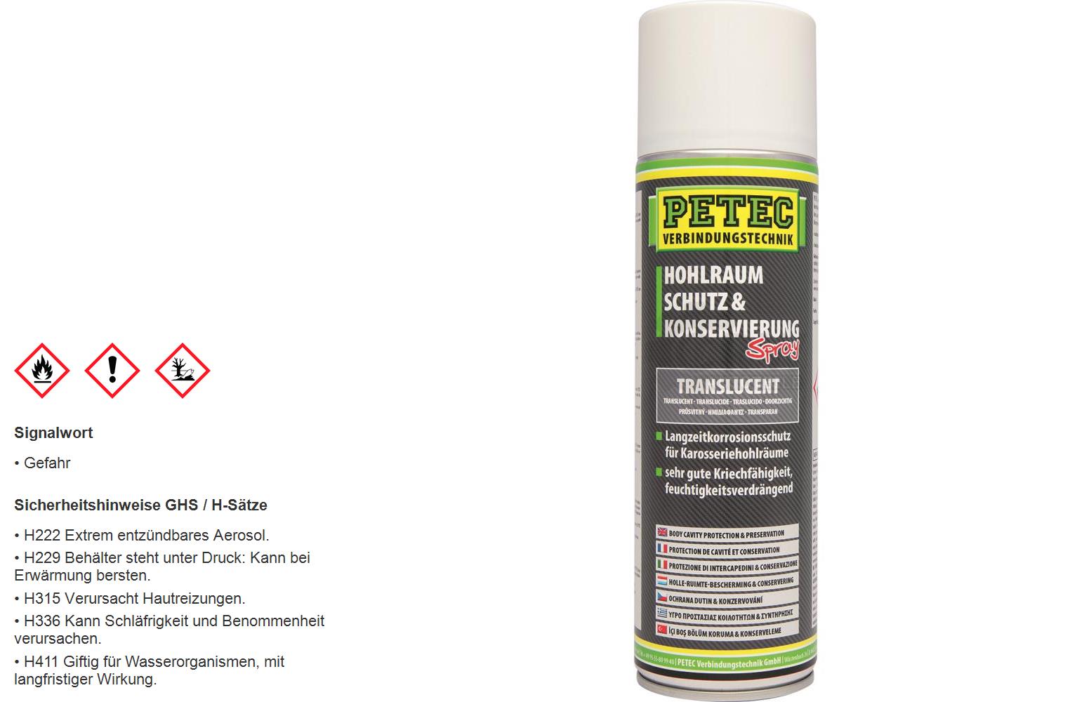 PETEC Hohlraumschutz & Konservierung Spray 500ml durchscheinend Korrosion Schutz