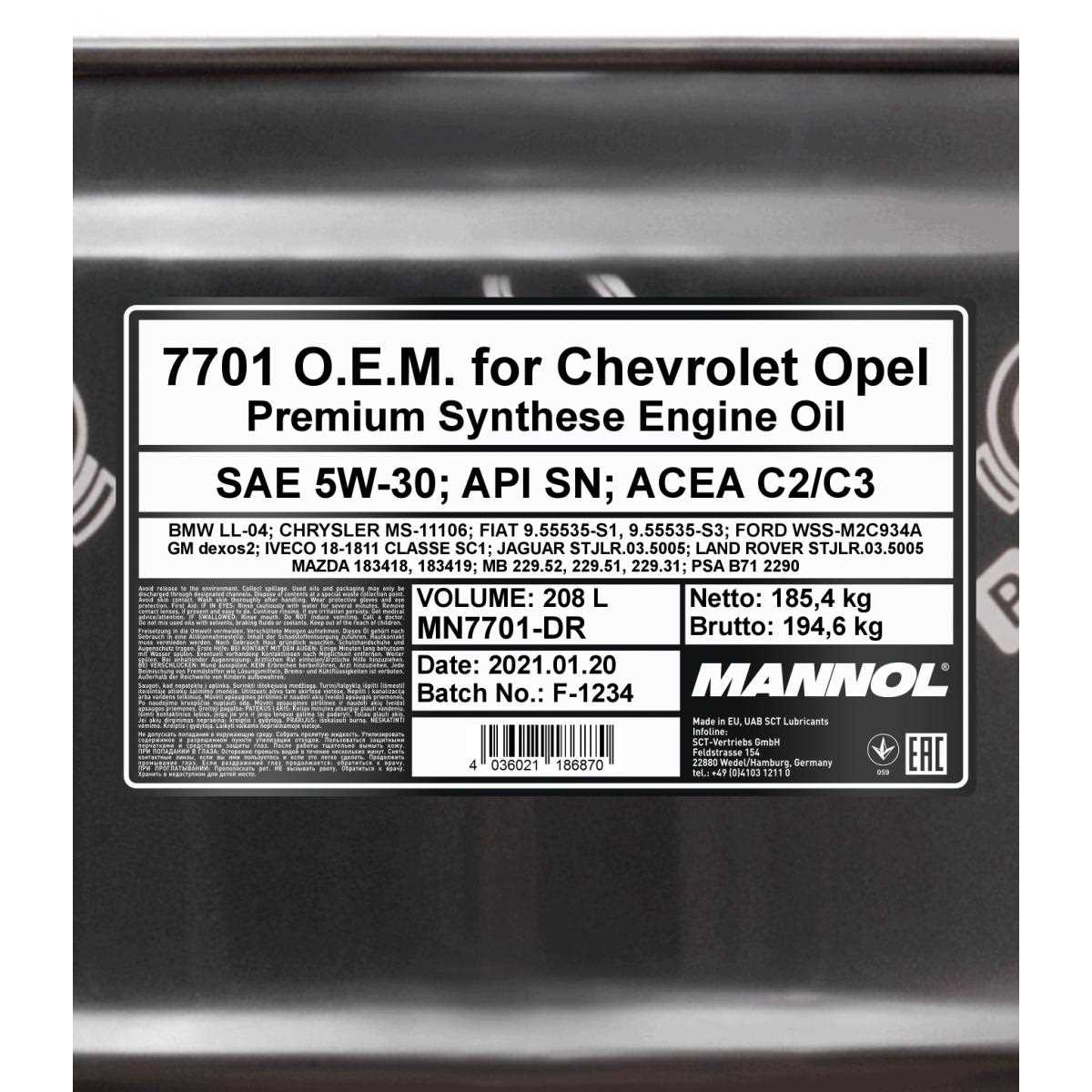 208 L MANNOL für Chevrolet Opel 5W-30 API SN ACEA C3 Engine Oil Motoröl