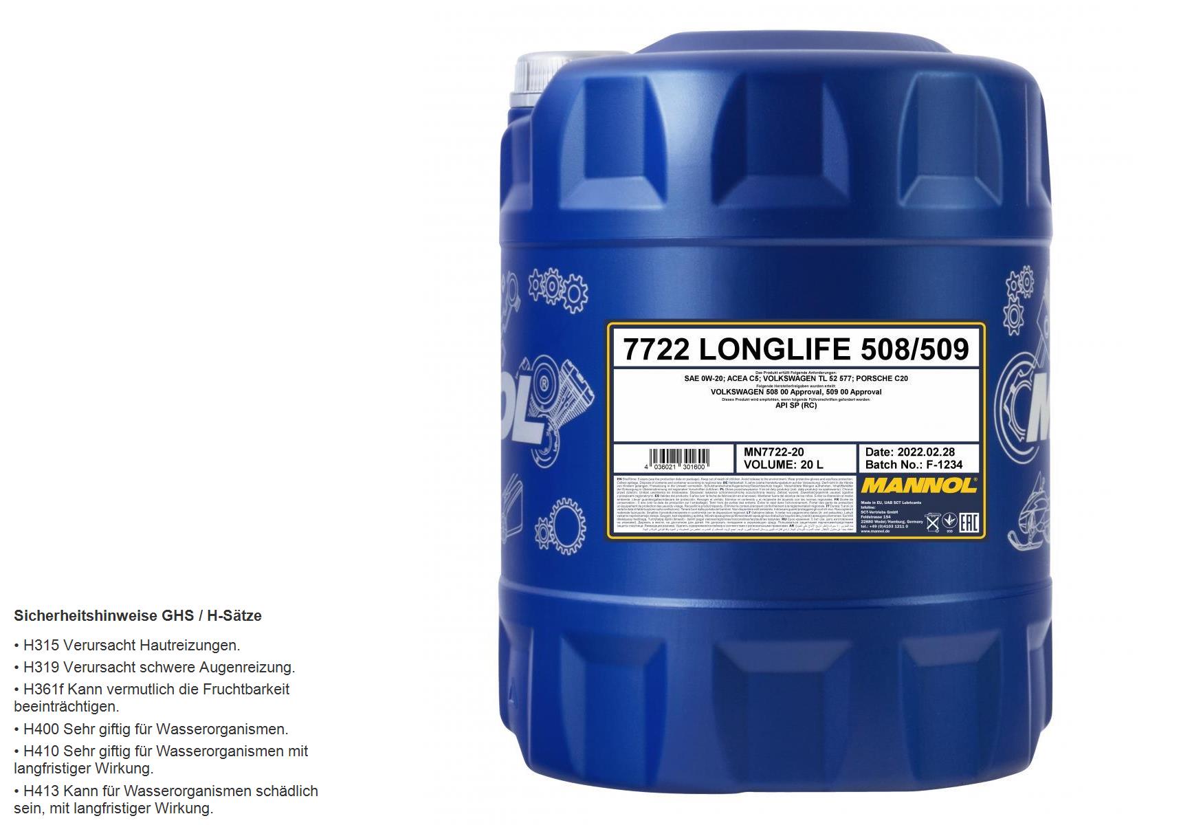20 Liter MANNOL 7722 Longlife 508/509 0W-20 Motoröl Engine Oil