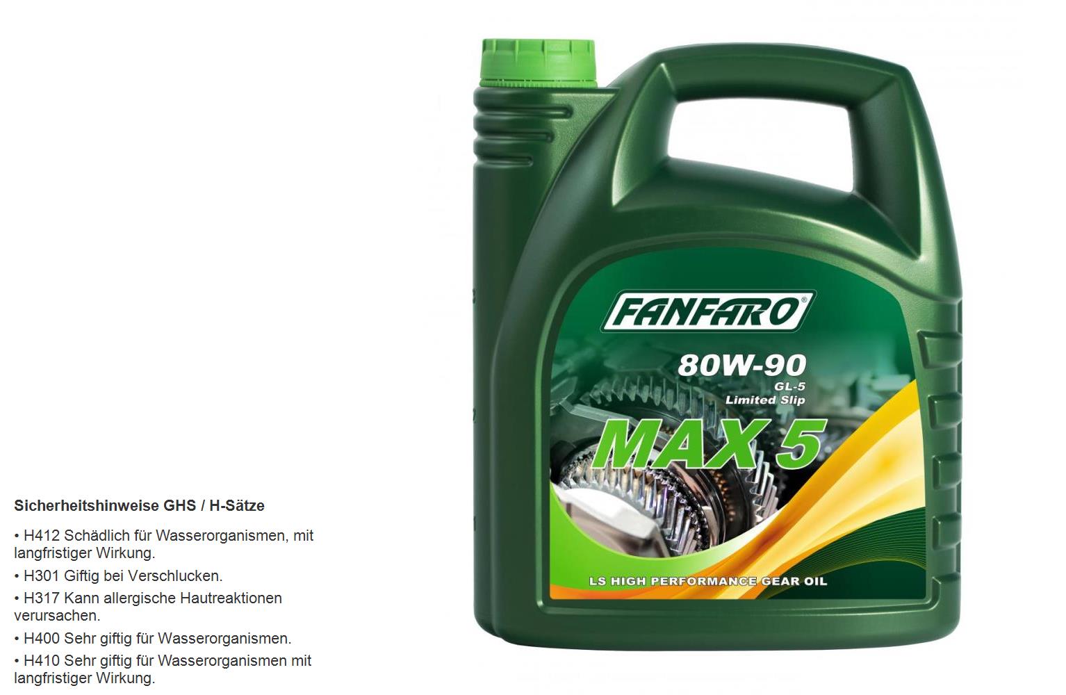 4 Liter FANFARO MAX 5 80W-90 GL-5 LS API GL 5 LS Getriebeöl Gear Oil