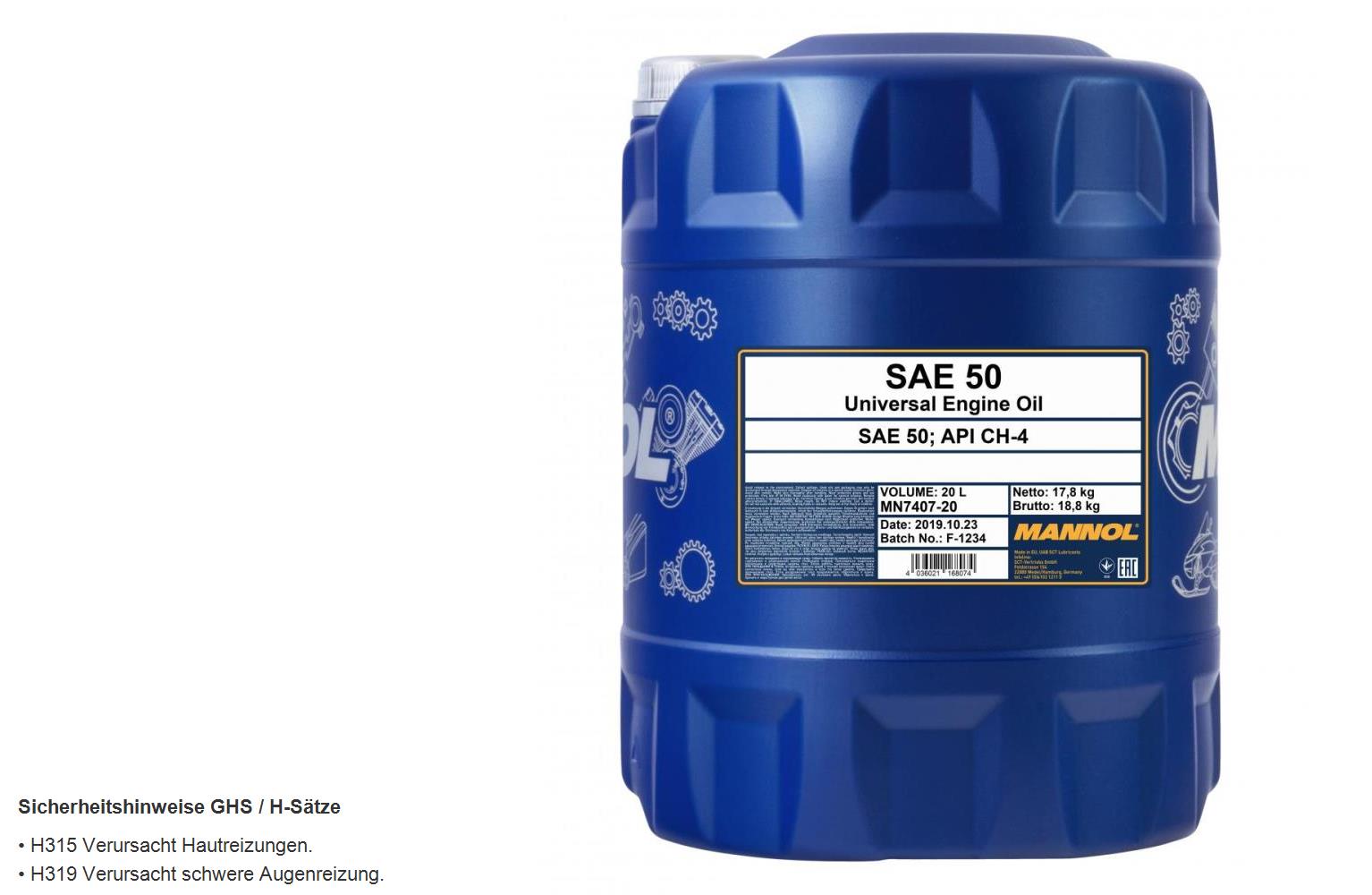 MANNOL 20 Liter SAE 50 Motoröl für hohe Belastungen API CH-4