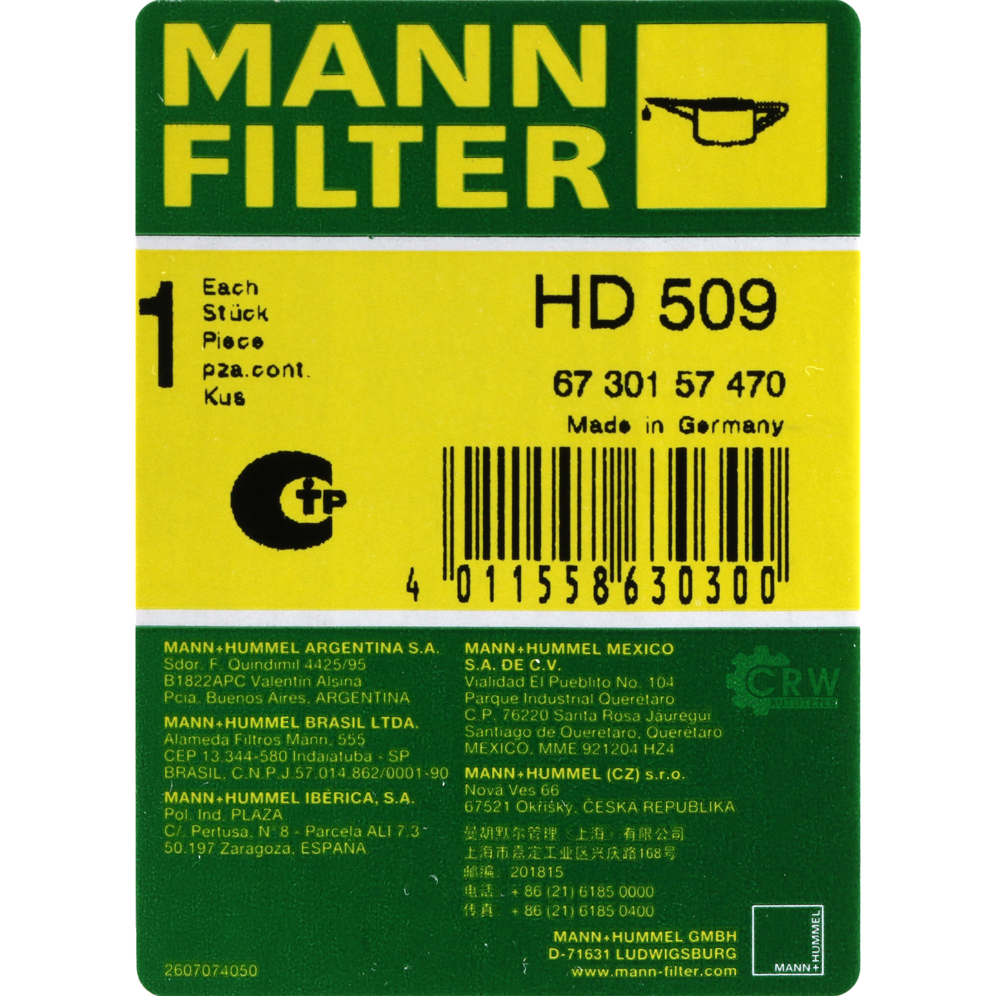 MANN-FILTER Filter für Arbeitshydraulik HD 509 Ölfilter Oil