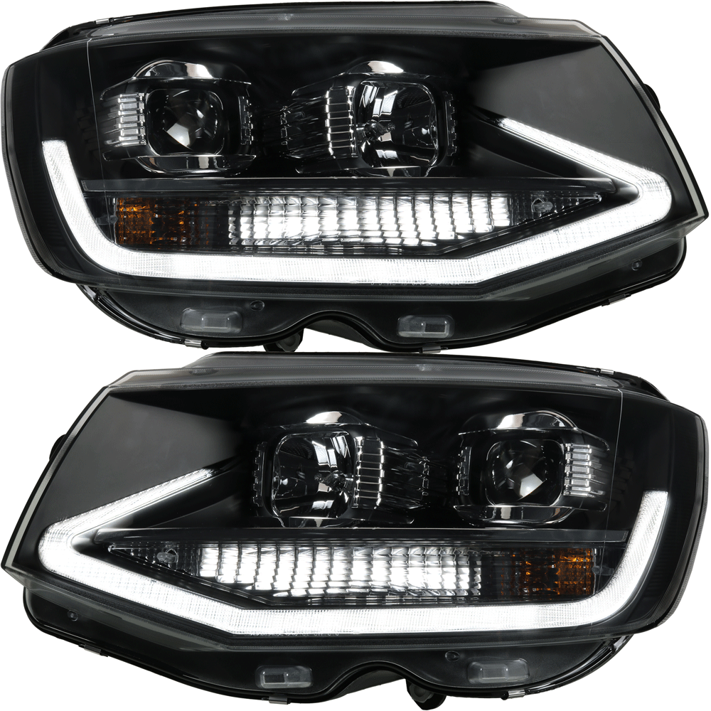 Scheinwerfer Set 3D H7 H1 + LED Tagfahrlicht für VW T6 Bj. 15->> Klarglas schwarz