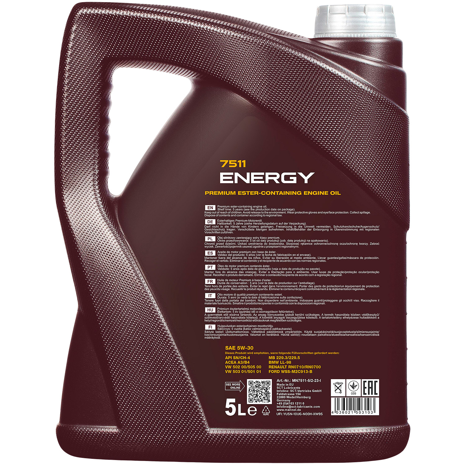 5 Liter MANNOL Motoröl Energy 7511 5W-30 API SN/CH-4 ACEA A3/B4 Engine Oil Öl