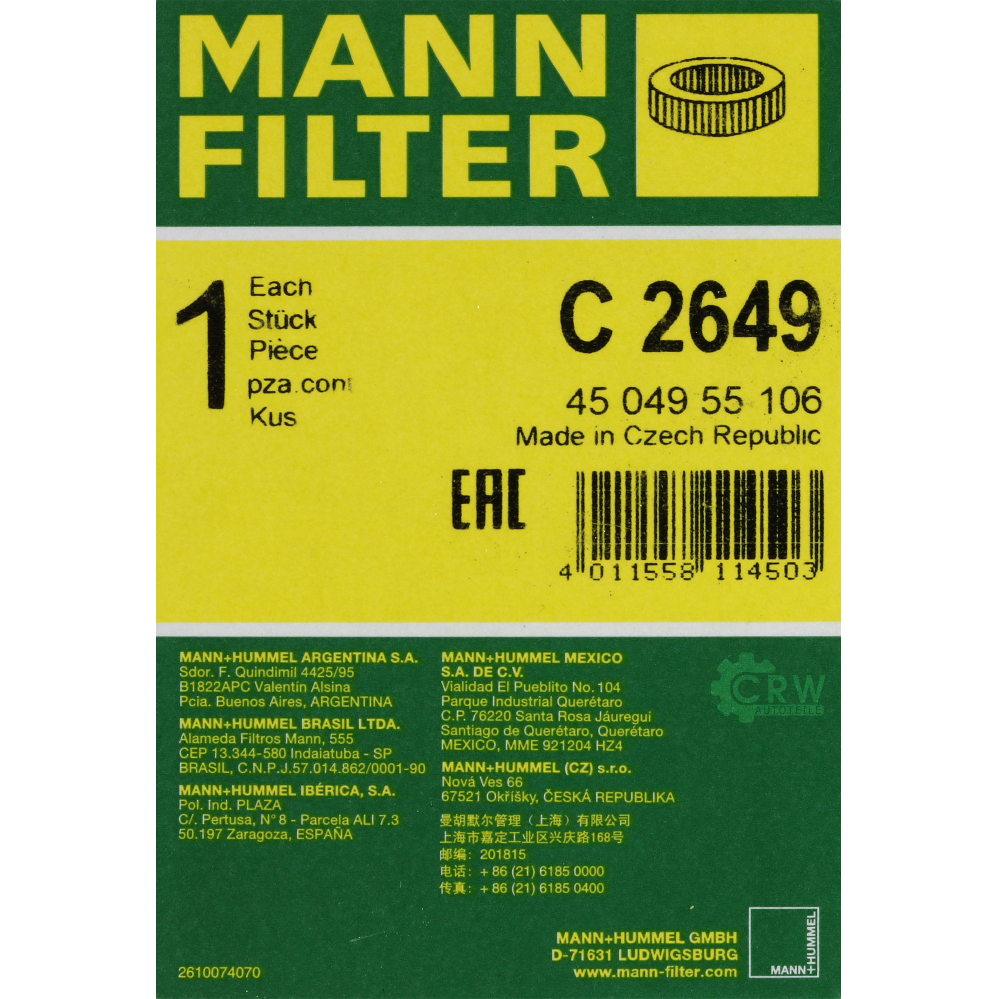 MANN-FILTER Luftfilter für BMW 2er E10 1602 1502 2000-3.2 Coupe E9 3.0 CS 2800