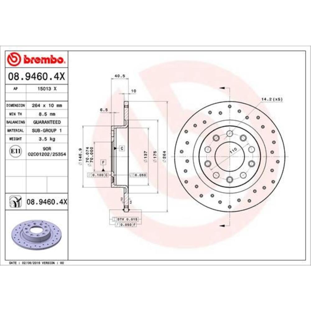 BREMBO Bremsscheibe hinten Ø264 mm Voll Gelocht für Alfa Romeo Giulietta