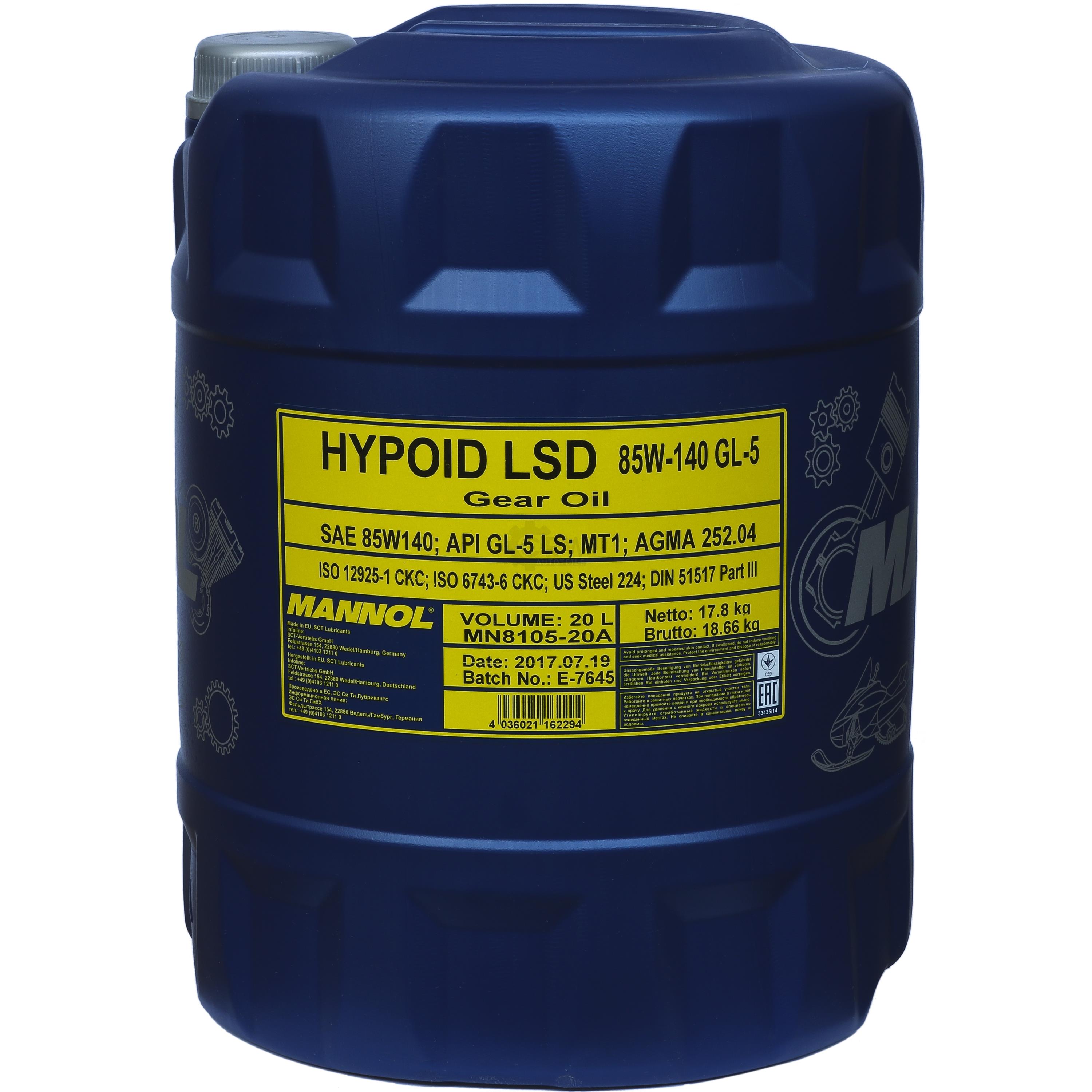 20 Liter MANNOL Schaltgetriebeöl Hypoid LSD 85W-140 API GL-5 LS Getriebeöl