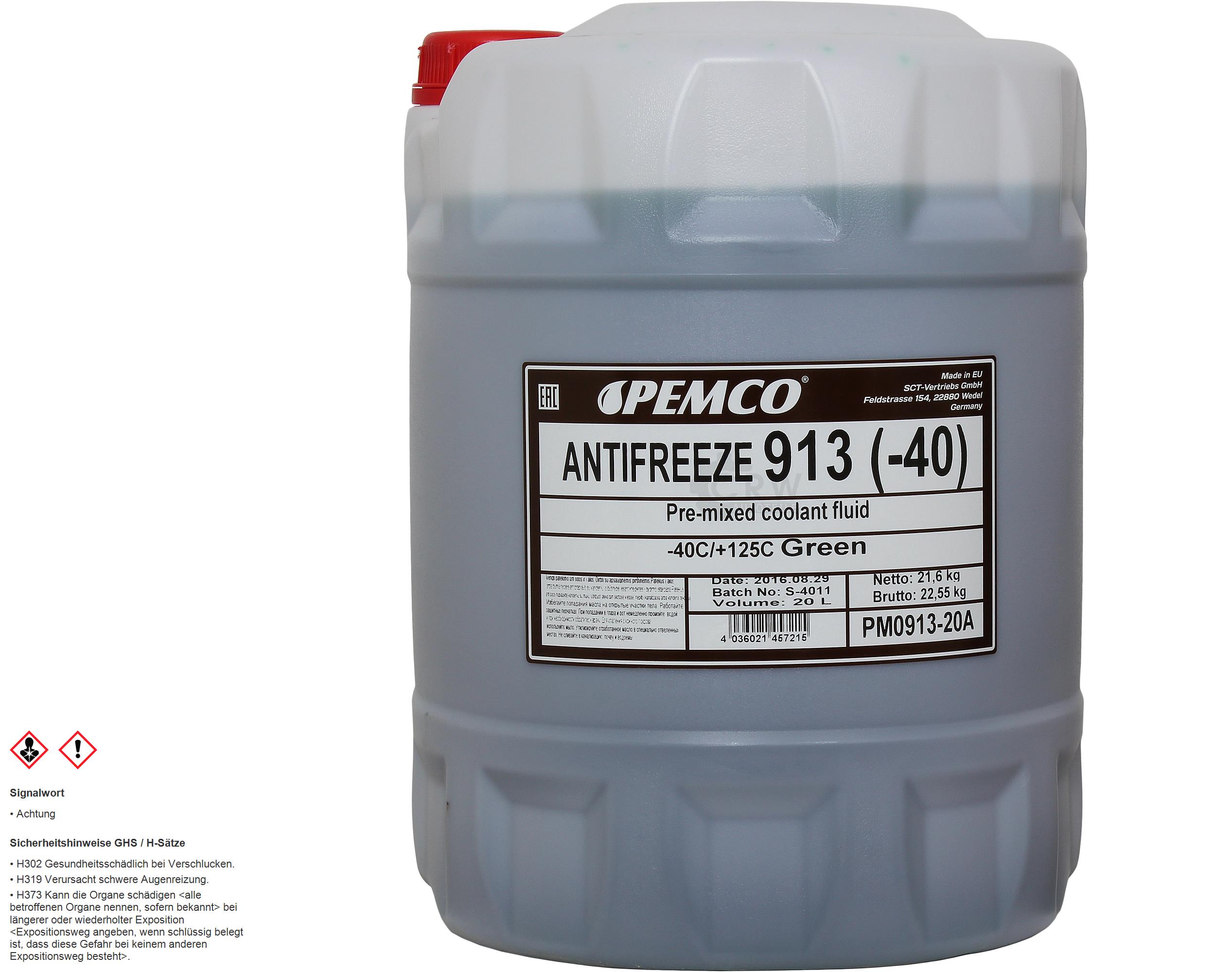 20 Liter  PEMCO Kühlerfrostschutz Antifreeze 913 (-40) grün green G13